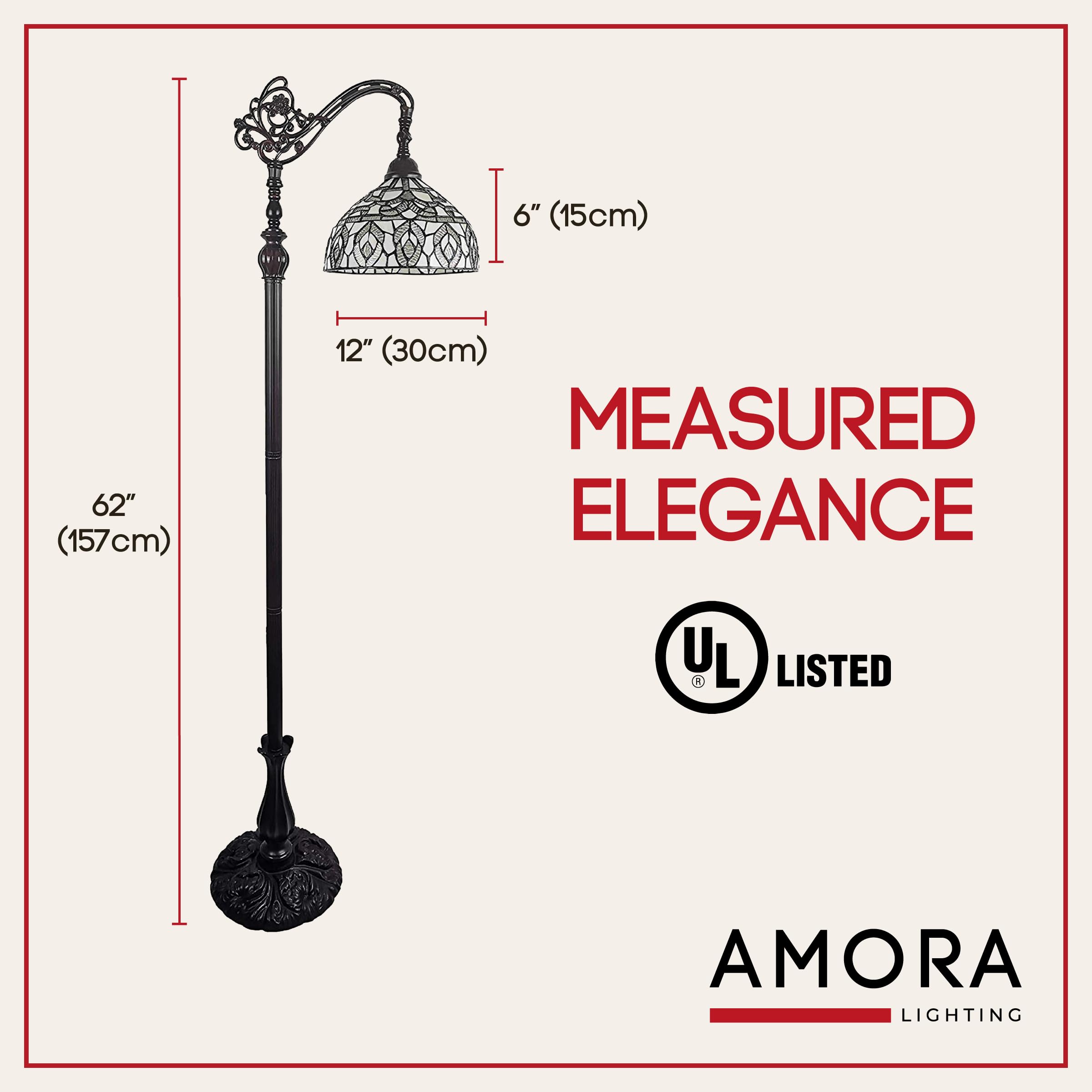 Amora Tiffany Floor Lamp - Arched Stained Glass 62” - Adjustable Shade, Foot Switch - White Mahogany, 12" Diameter, Model AM277FL12B