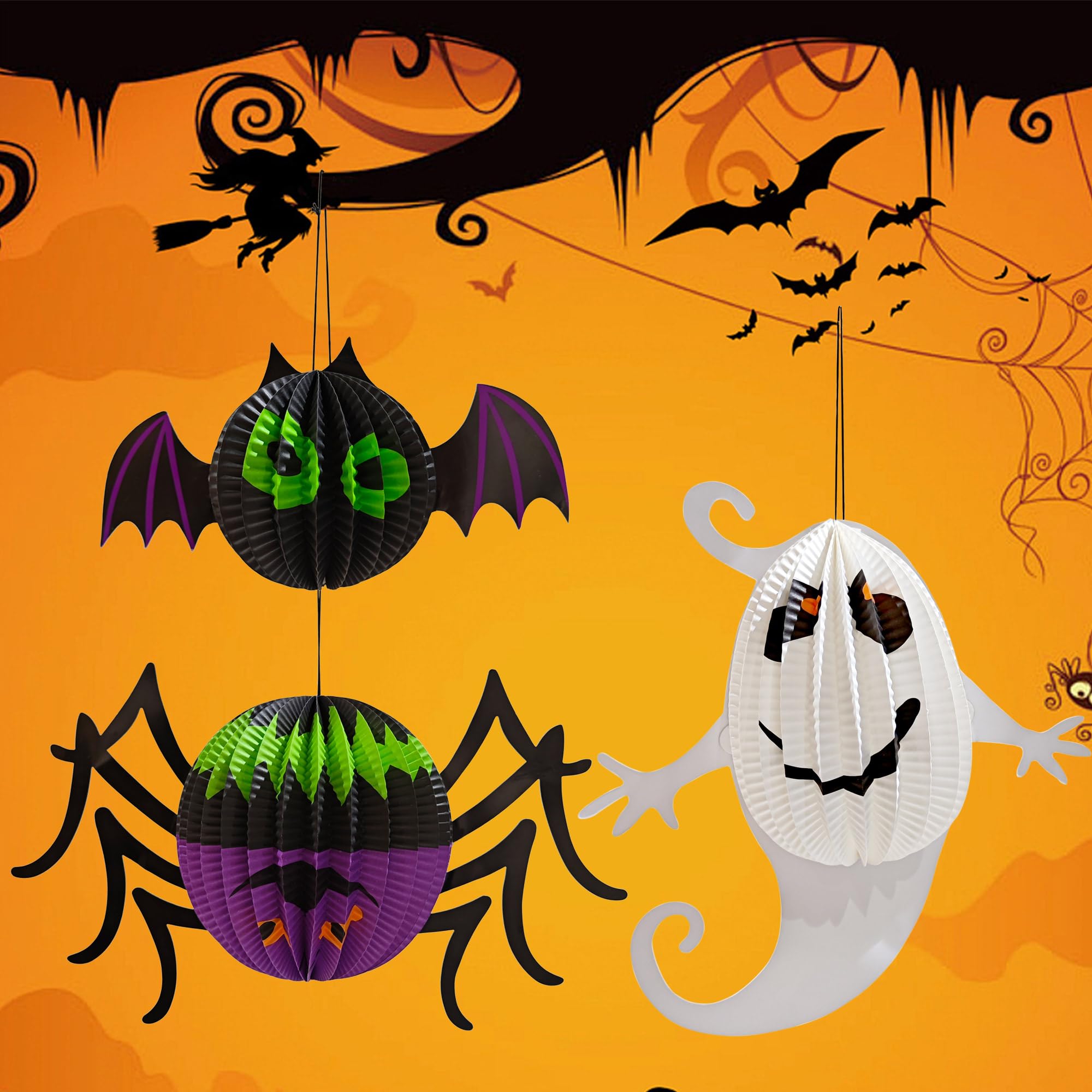 AIMI Halloween Party Decorations 6 Pack, Large 12-20Inch Hanging Paper Lanterns 3D Folding Pumpkins Spiders Ghosts Bats Hallowee
