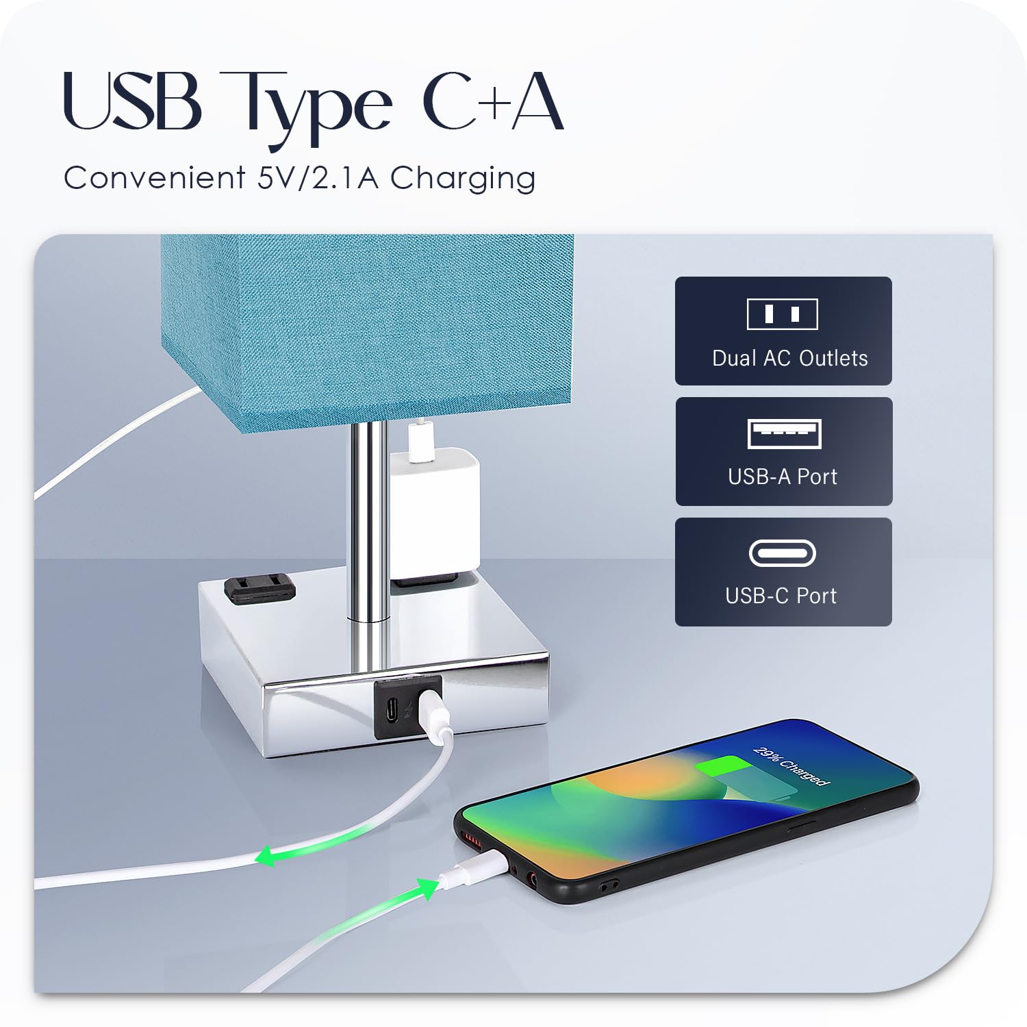 Soilsiu Bedside Lamp - Touch Control Table Lamp with USB Ports, 3 Way Dimmable, Metal, Blue Shade