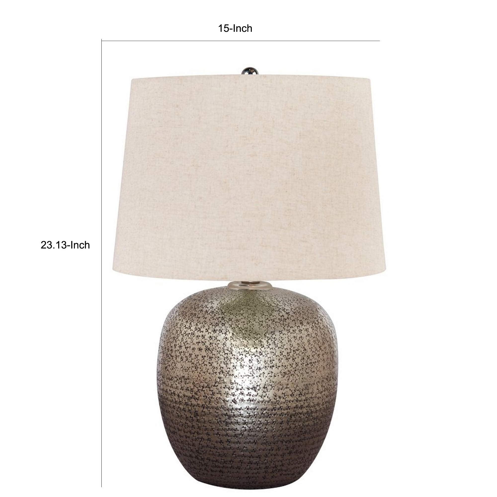 Benjara Bellied Metal Body Table Lamp With Splotched Details, Brass And Cream