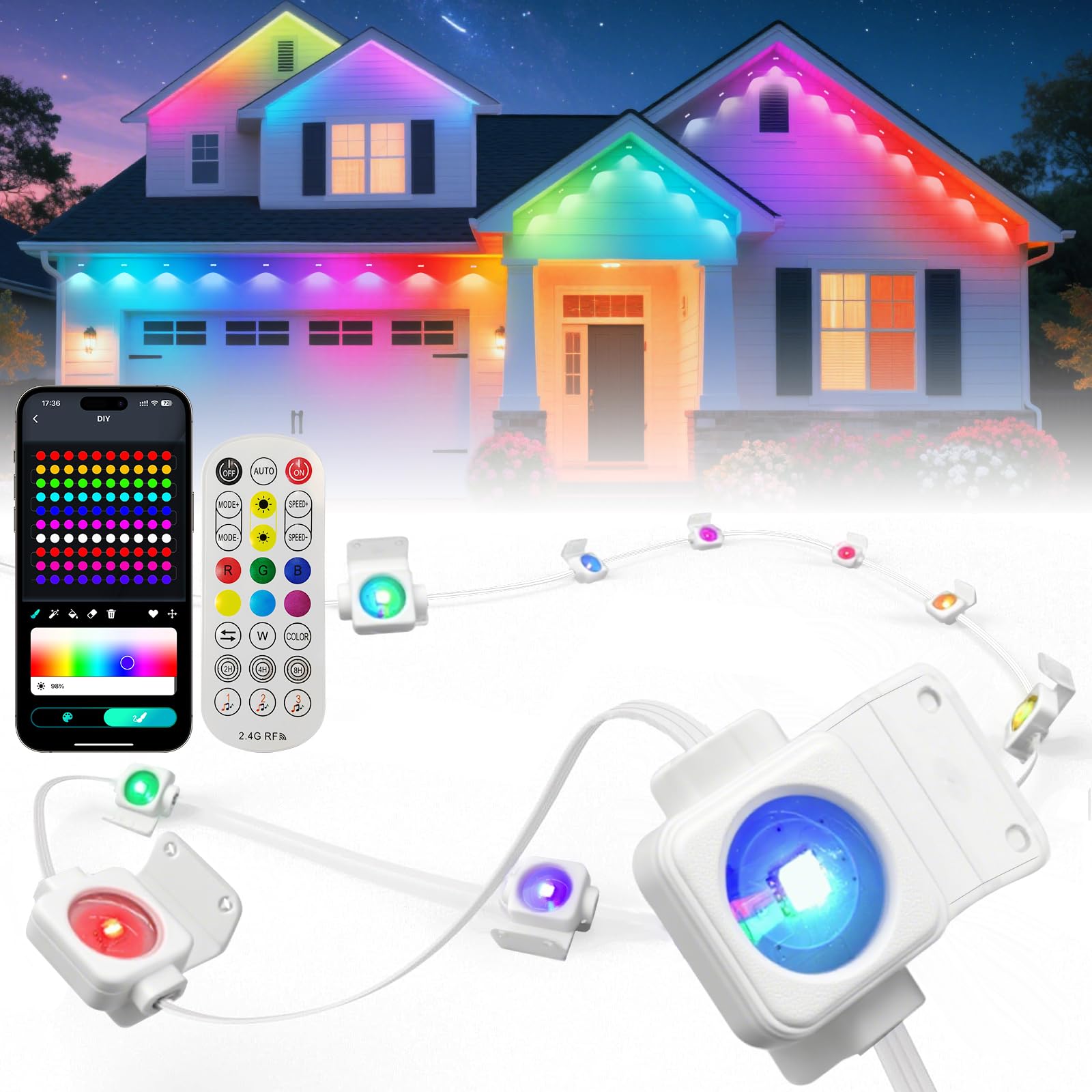 Super Rgb Smart Permanent Outdoor Lights  200Ft 120Leds Color Changing Rgb Ic Wall Lights  App & Remote Control  Music Sync  Dynamic Lighting For House  Living Room  Ceiling  Eave Party Xmas Decor
