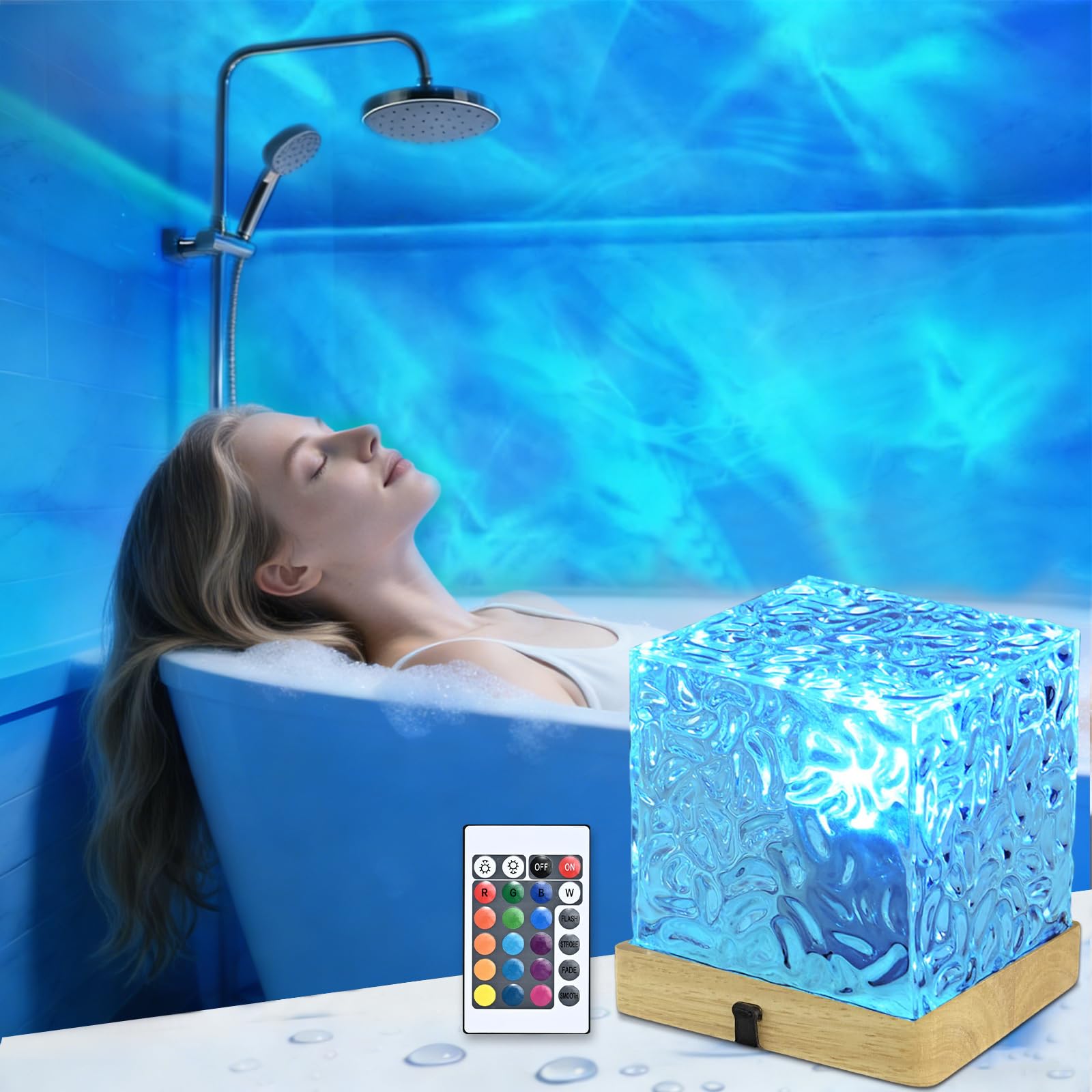 LETOUR Spa Like Shower Lamp,Rechargeable Shower Light 16 Color Changeable Ocean Wave Projector Lamp, Dimmable Waterproof Shower 