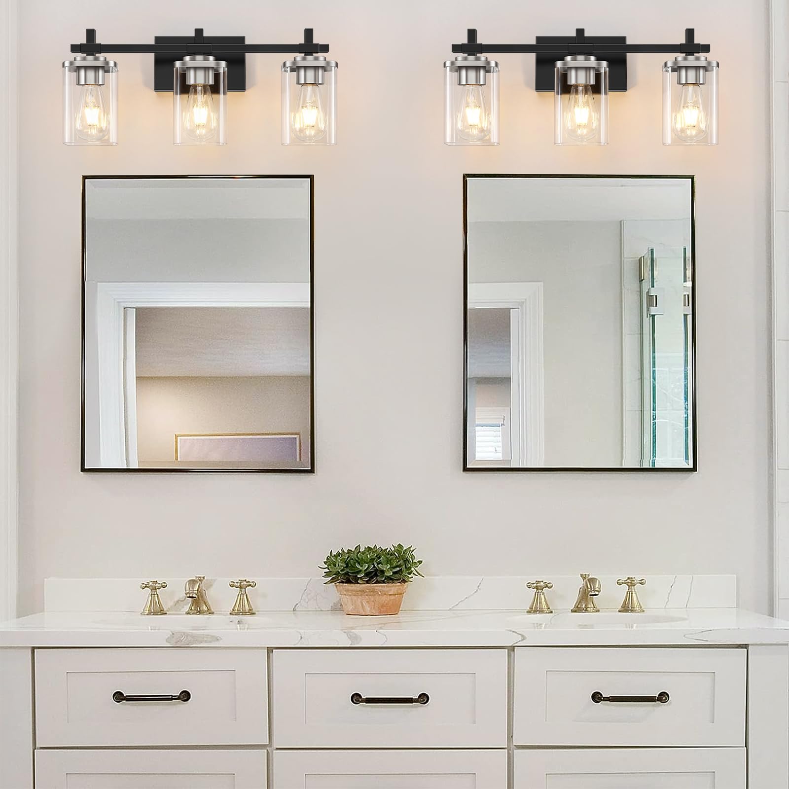 Spiglamm 3-Lights Black And Nickel Bathroom Light Fixtures, Modern Vanity Light With Clear Glass Shade, Over Mirror For Bedroom
