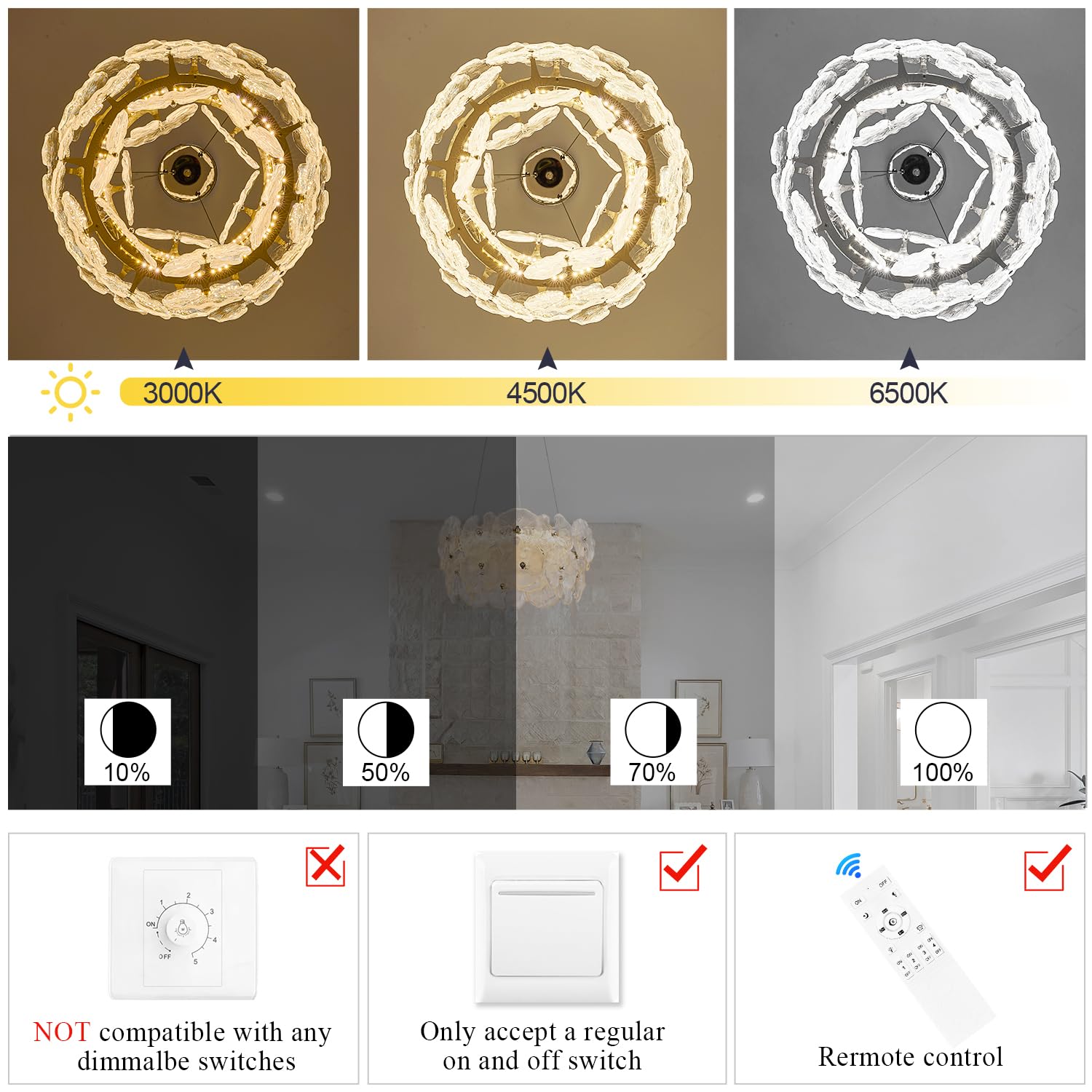Poemoon Modern Chrome Glass LED Chandelier, 20in Lotus Leaf, Dimmable with Remote, Model 56-500C, 3000K-6500K Lighting