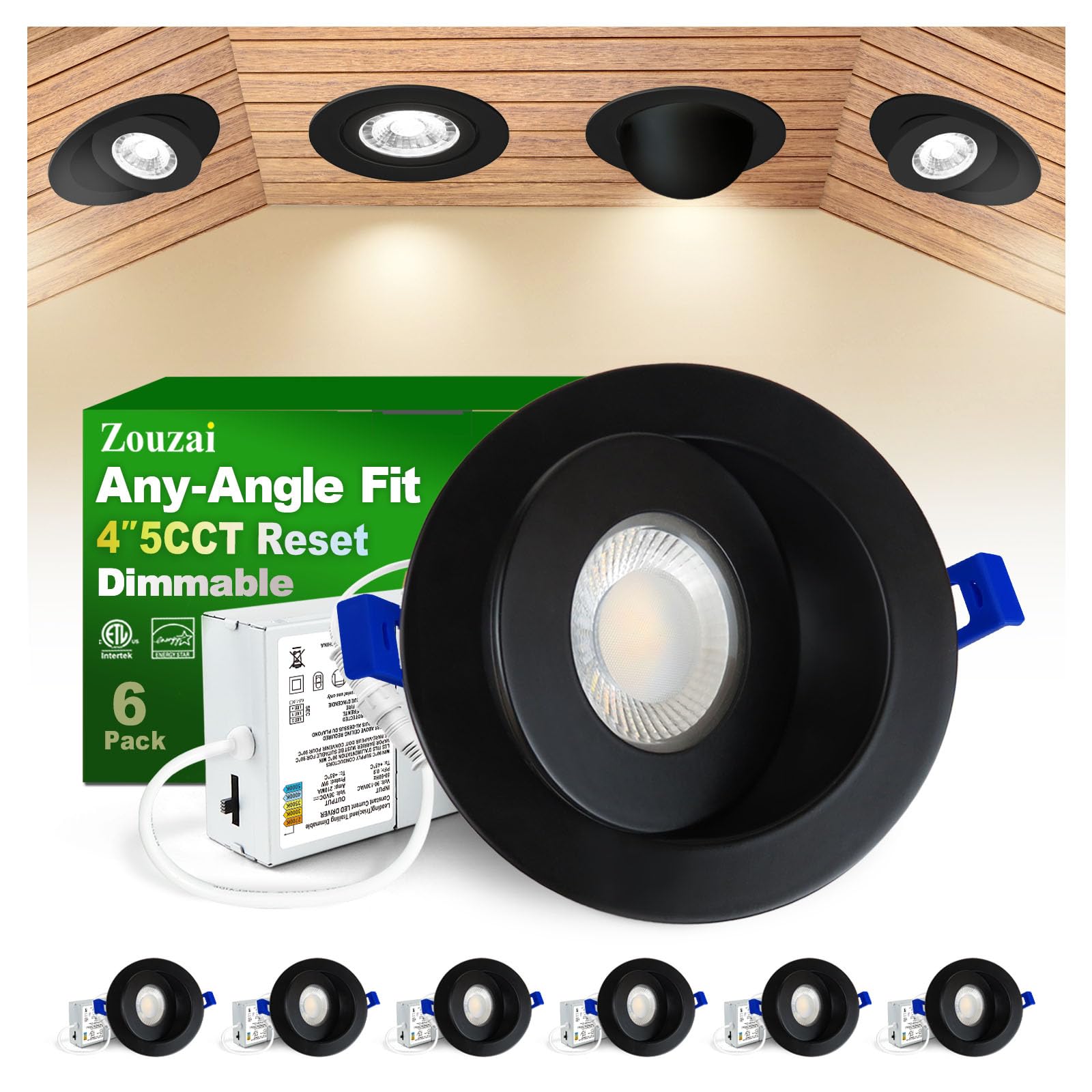 zouzai 6 Pack 4 inch Black 5CCT LED Gimbal Led Recessed Light with Junction Box, 360+90 Adjustable Directional Eyeball Lighting,