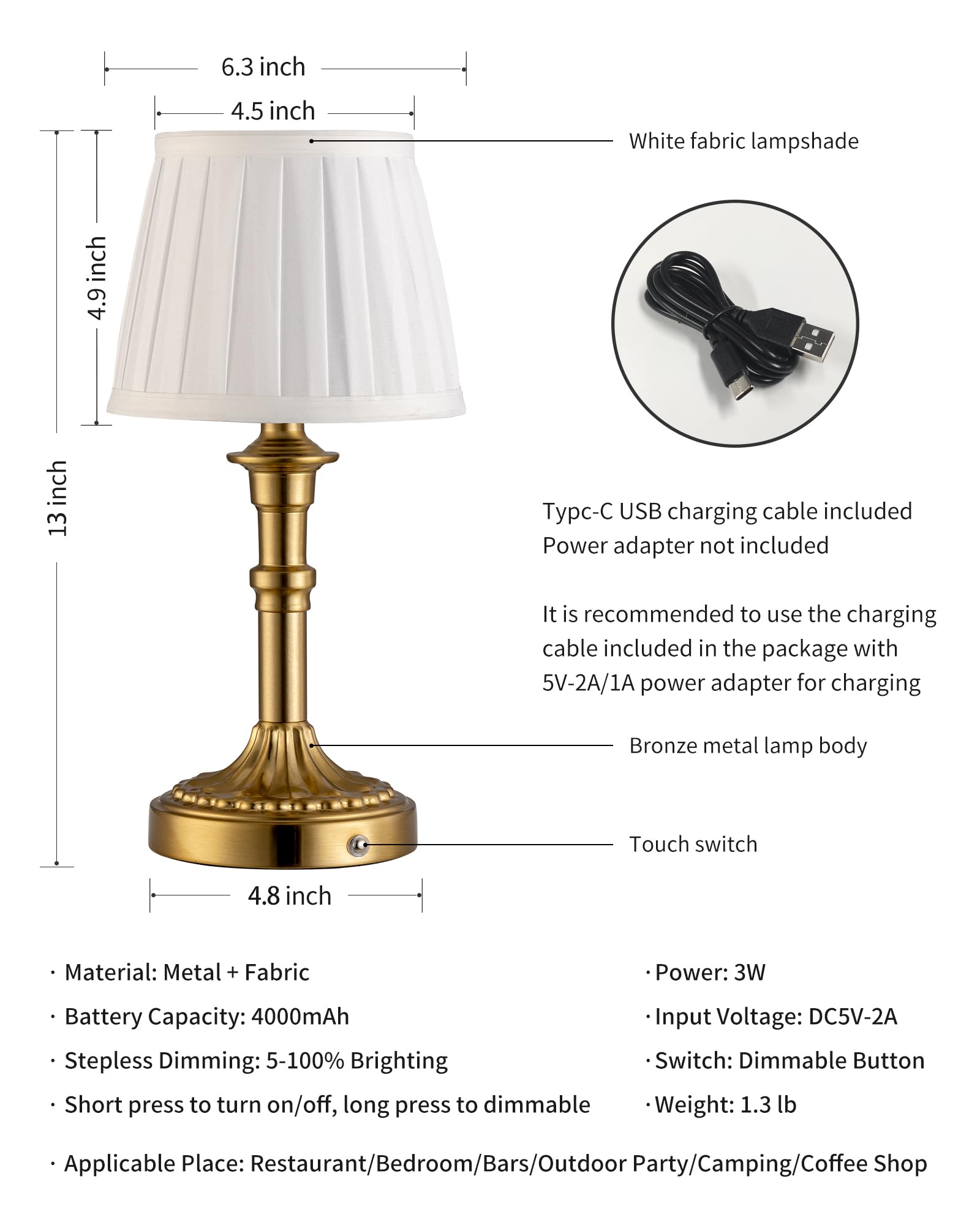Kdg Cordless Portables Table Lamp, Led Fabric Shade Small Desk Lamps, 4000Mah Battery Powered Lighting, 2700K Stepless Dimmable