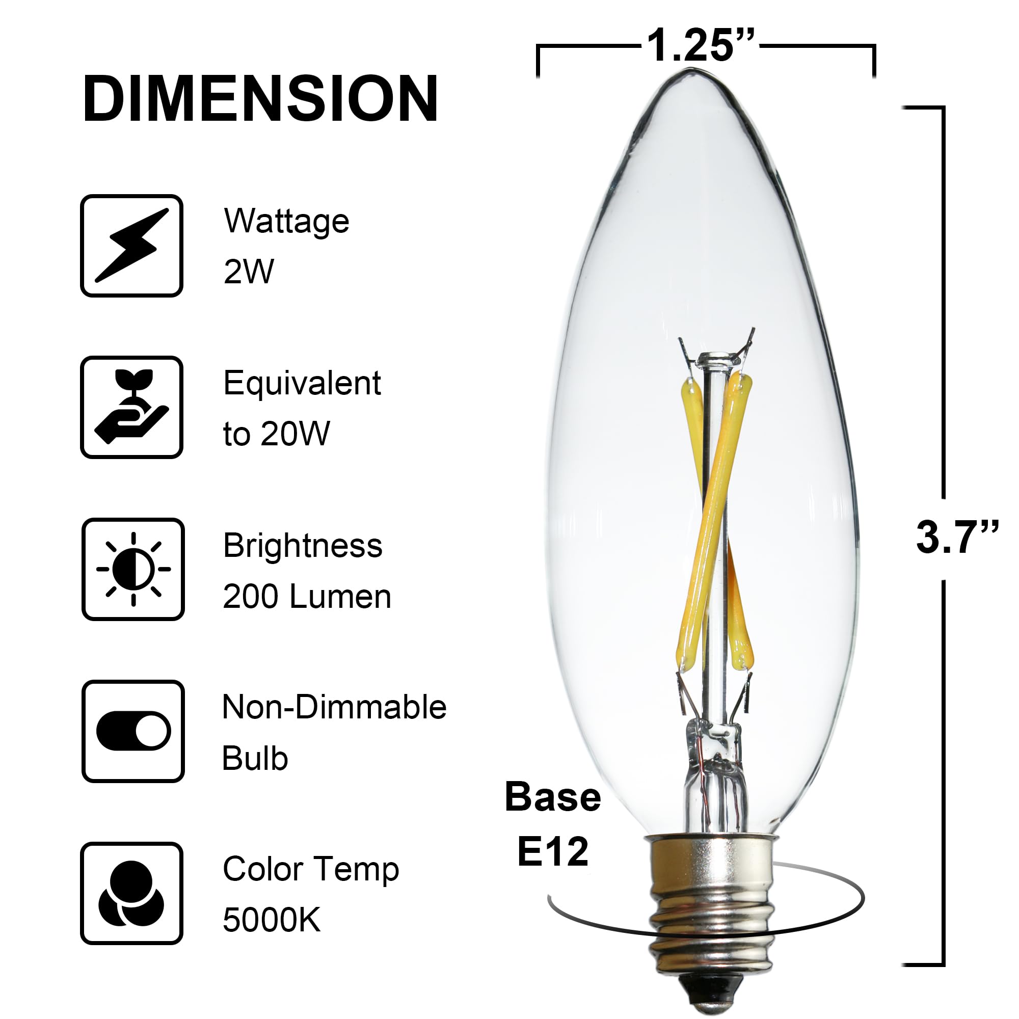 Fannis 6 Pcs C32 Candle Led Bulb, 2W Equals 20W, E12 Base Edison Bulb, White Light, Clear Glass Candle Light Bulb For Pendant Ch