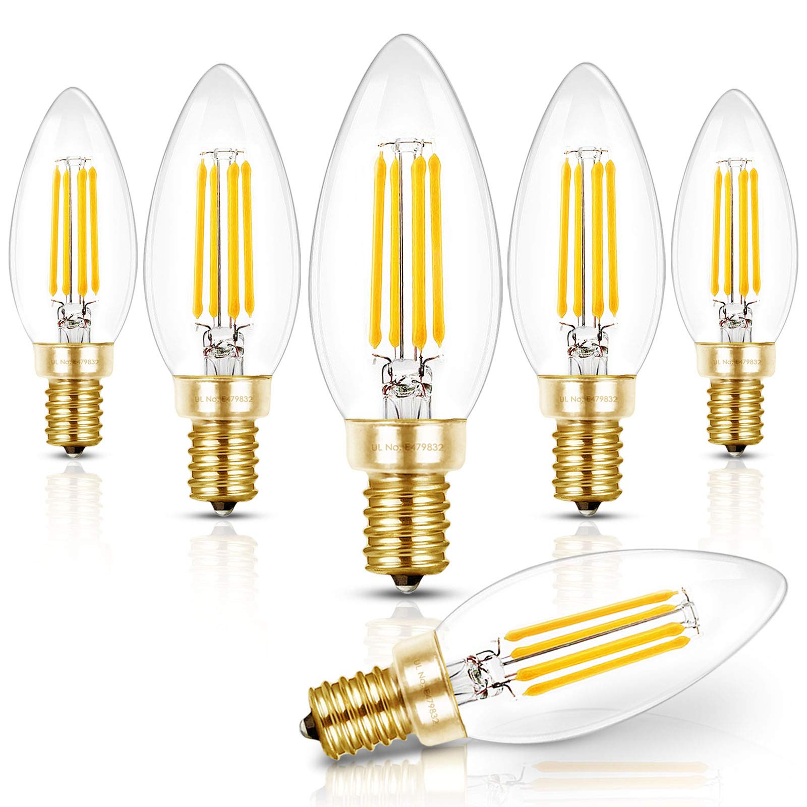 Hizashi E12 LED Candle Bulb 4W 90+ CRI 5000K Dimmable Candelabra Base, 6 Pack, Glass