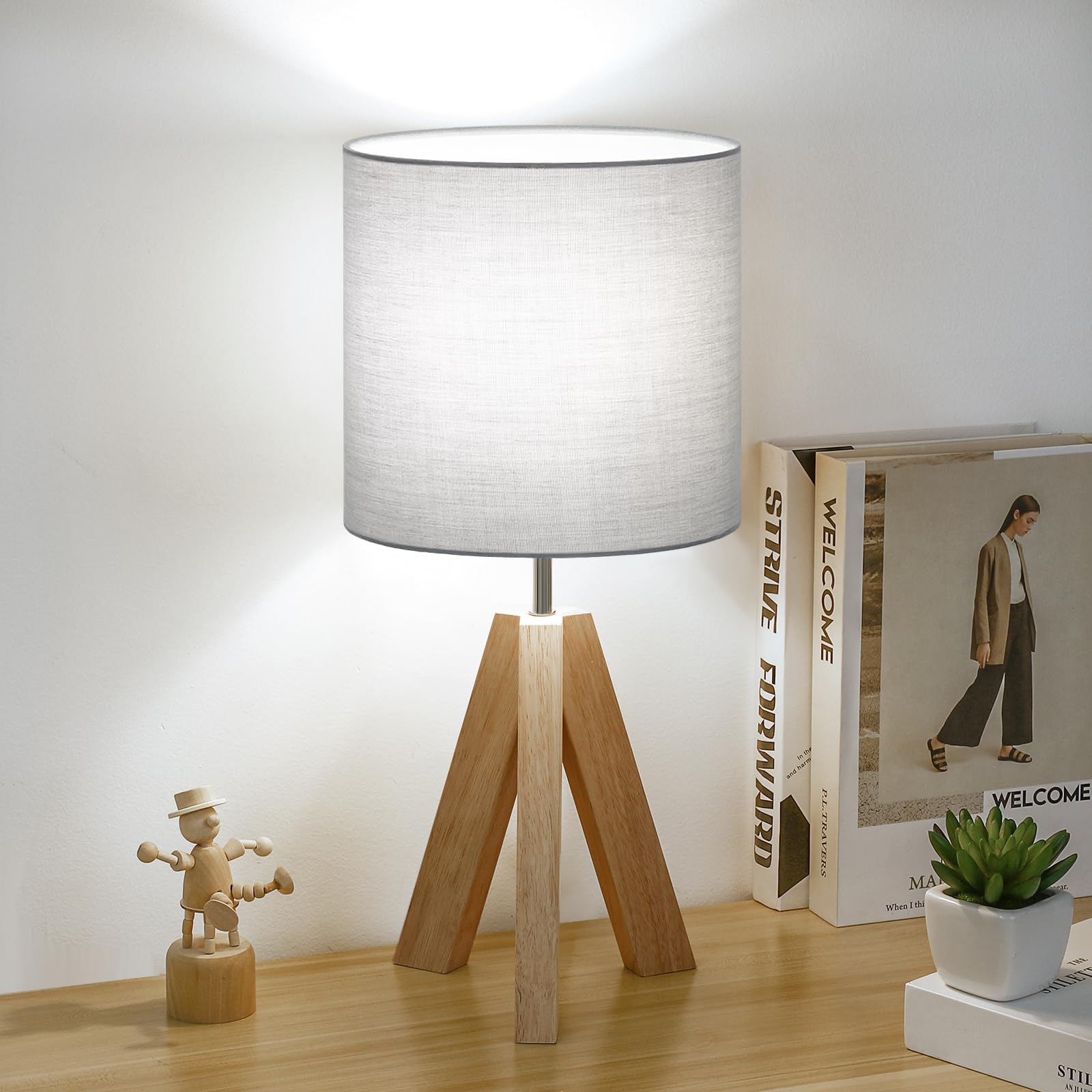 Brightever Small Bedside Table Lamp, Wooden Tripod Modern Table Lamp with Grey Linen Fabric Shade, Farmhouse Nightstand Lamp for