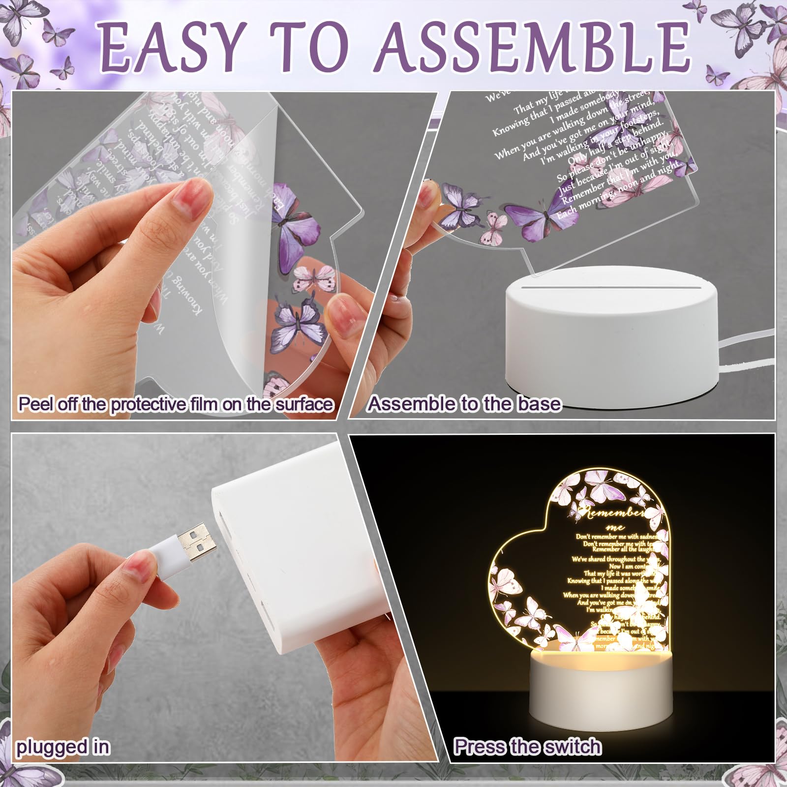 Coume Memorial Gift Night Light Clear Crystal Acrylic Heart Sympathy Gifts Sign Led Light Remembrance Bereavement Decor Condolence Present For Loss Of Loved One(Purple Butterfly Style)