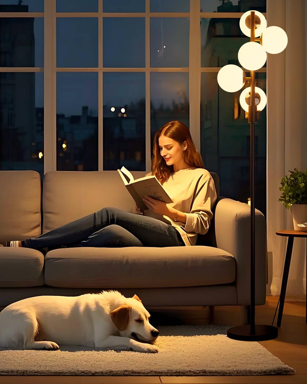 Lightdot 5-Globe Dimmable Globe Floor Lamp Black Standing Lamps with 5Pcs 3000K Bulbs Included Brightness Adjustable Retro Mid C