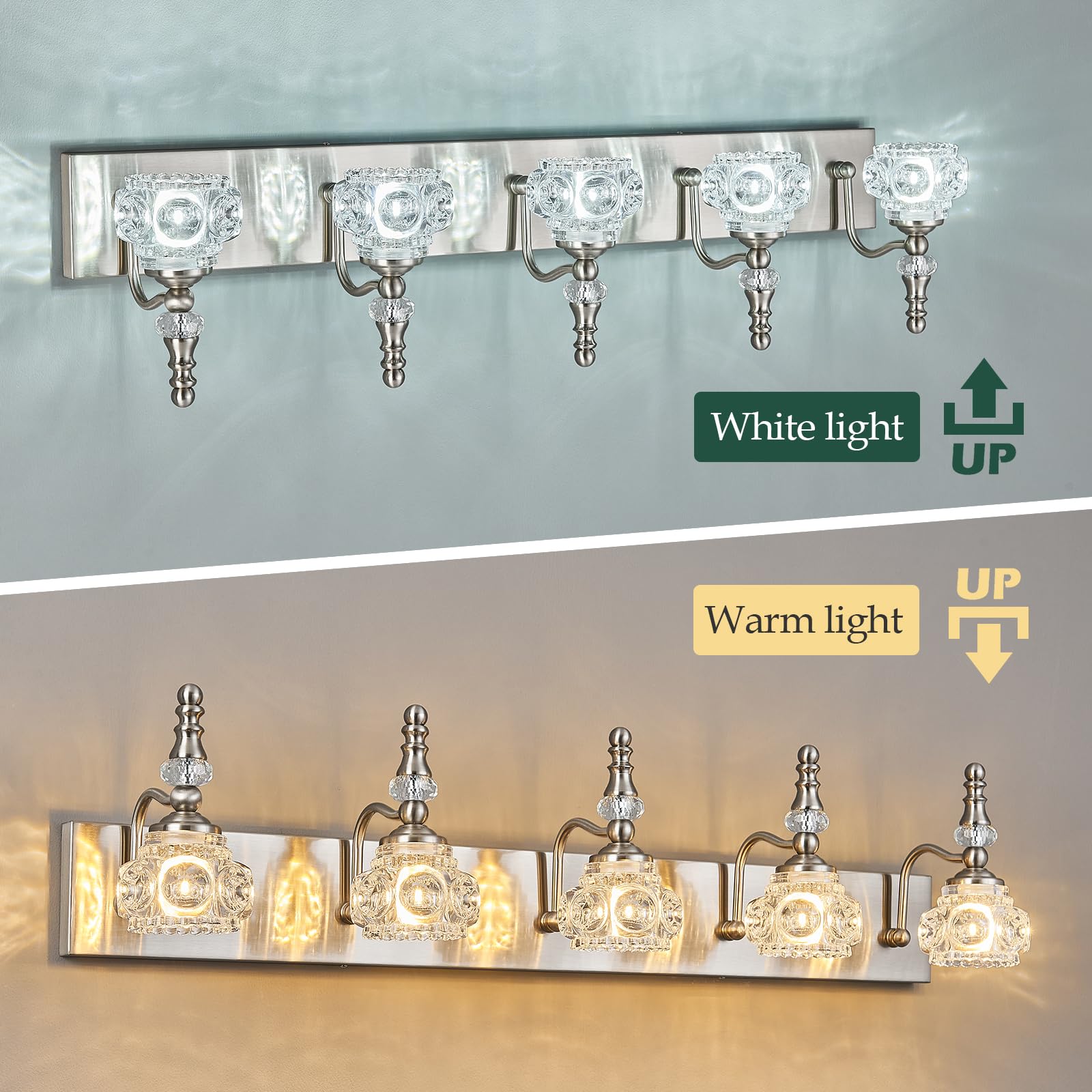 Lbsqj Modern Glass Crystal Vanity Light - Vintage Bathroom Lighting Fixtures Over Mirror  5 Light Vanity Lights G9 Bulb (35.43 Inch  Nickel)