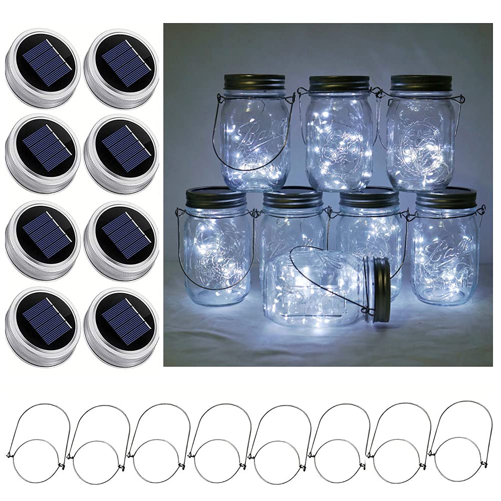 Decorman Solar Mason Jar Lights, 8 Pack Waterproof Fairy Star Firefly Lids String Lights with 8 Hangers for Patio Yard Garden Pa