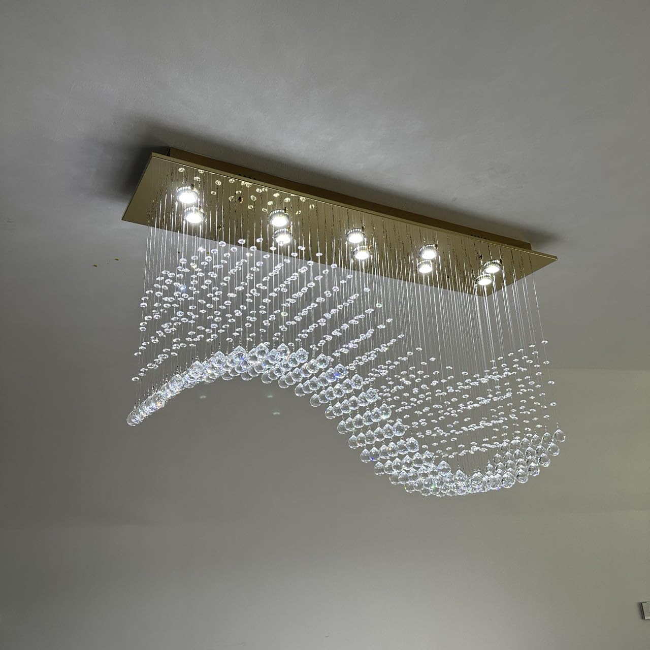 Siljoy Modern Crystal Chandelier, Gold 47'' Rectangular K9 Raindrop Flush Mount Light Fixture for Dining Room & Kitchen, Model HLC04512G