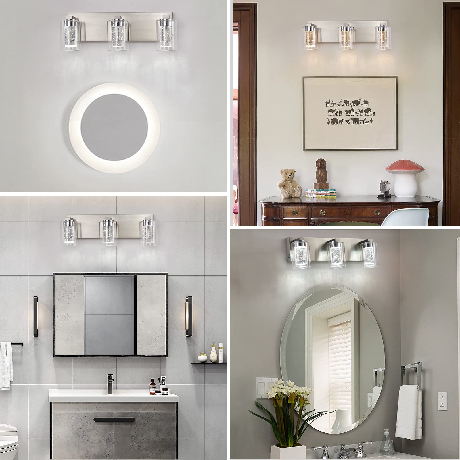 yenlacy 3-Light Bathroom Vanity Light, Brushed Nickel, Crystal Bubble Glass, Dimmable, Model 2022-B108, Modern Wall Sconce for Home