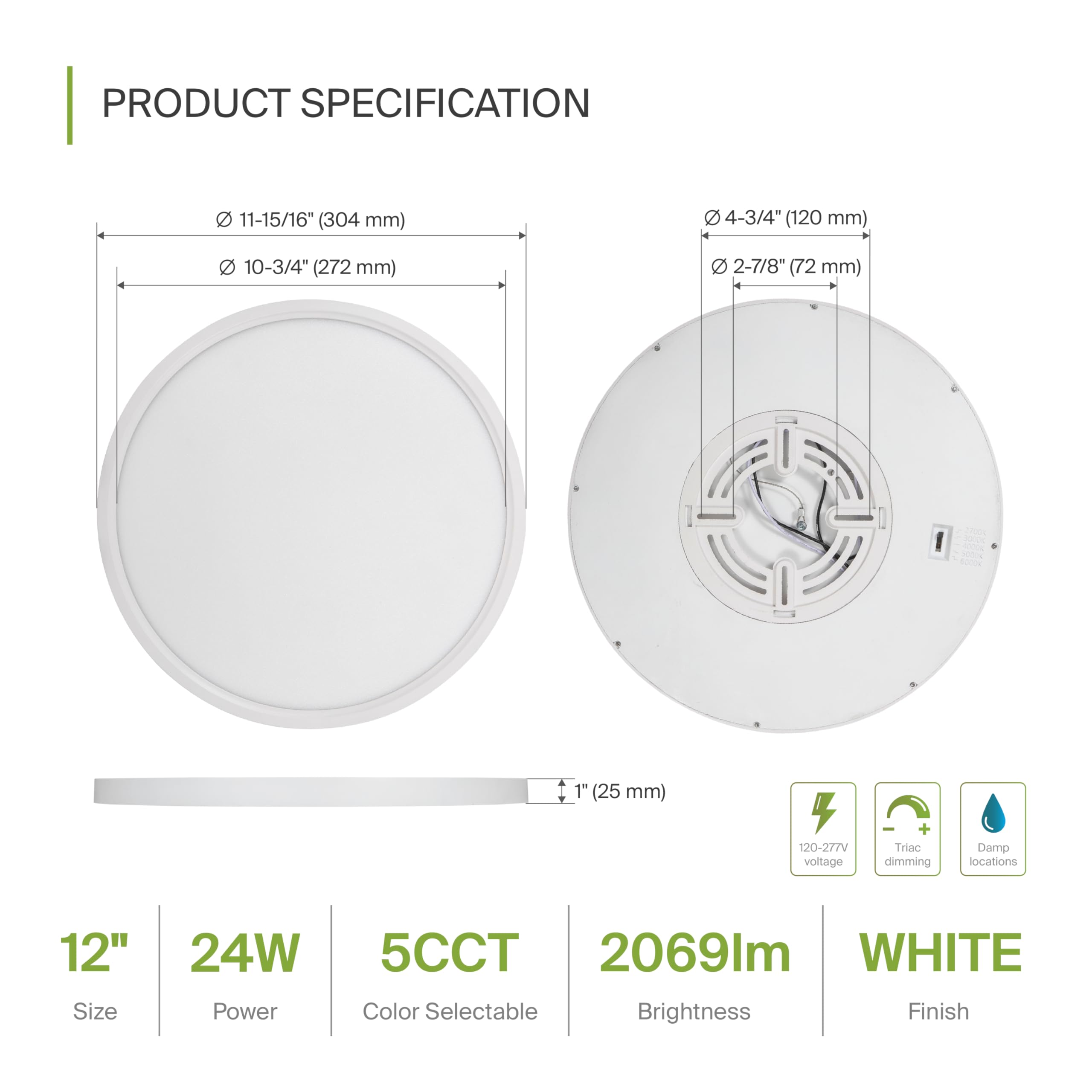 ASD LED Ceiling Light Fixture 12in Round 24W 2000LM Dimmable White Model A-MPR-MV-12D24WH