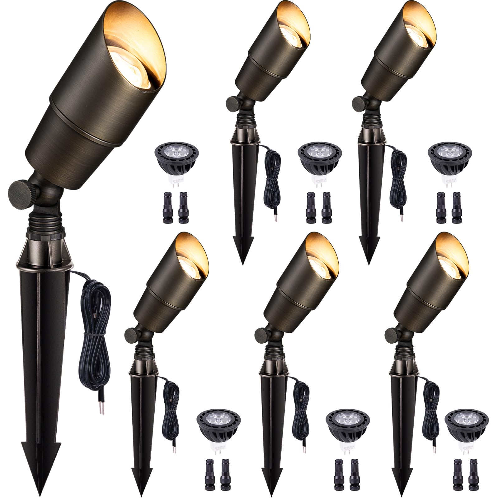 Gardenreet Solid Brass Landscape Spotlight - 12V LED Uplights, 2700K Warm White, 6-Pack, Electric Bronze, Model 2101