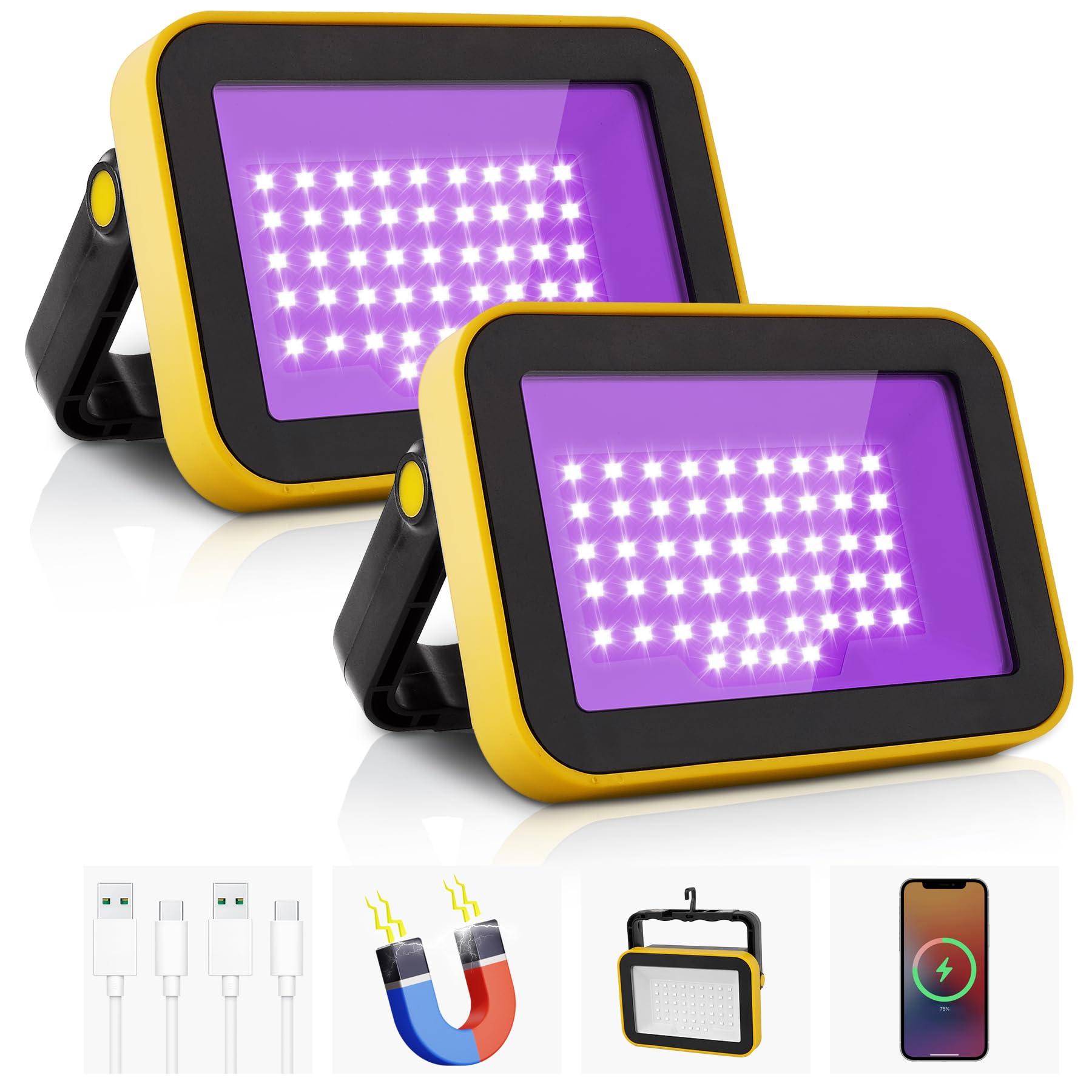 CREPOW Rechargeable LED Black Light, Battery Powered Portable Blacklight, 400nm LED Flood Light Black Lights, Neon Glow Party, Blacklight Catfishing, Halloween, Glow in The Dark Decoration 2 Pack