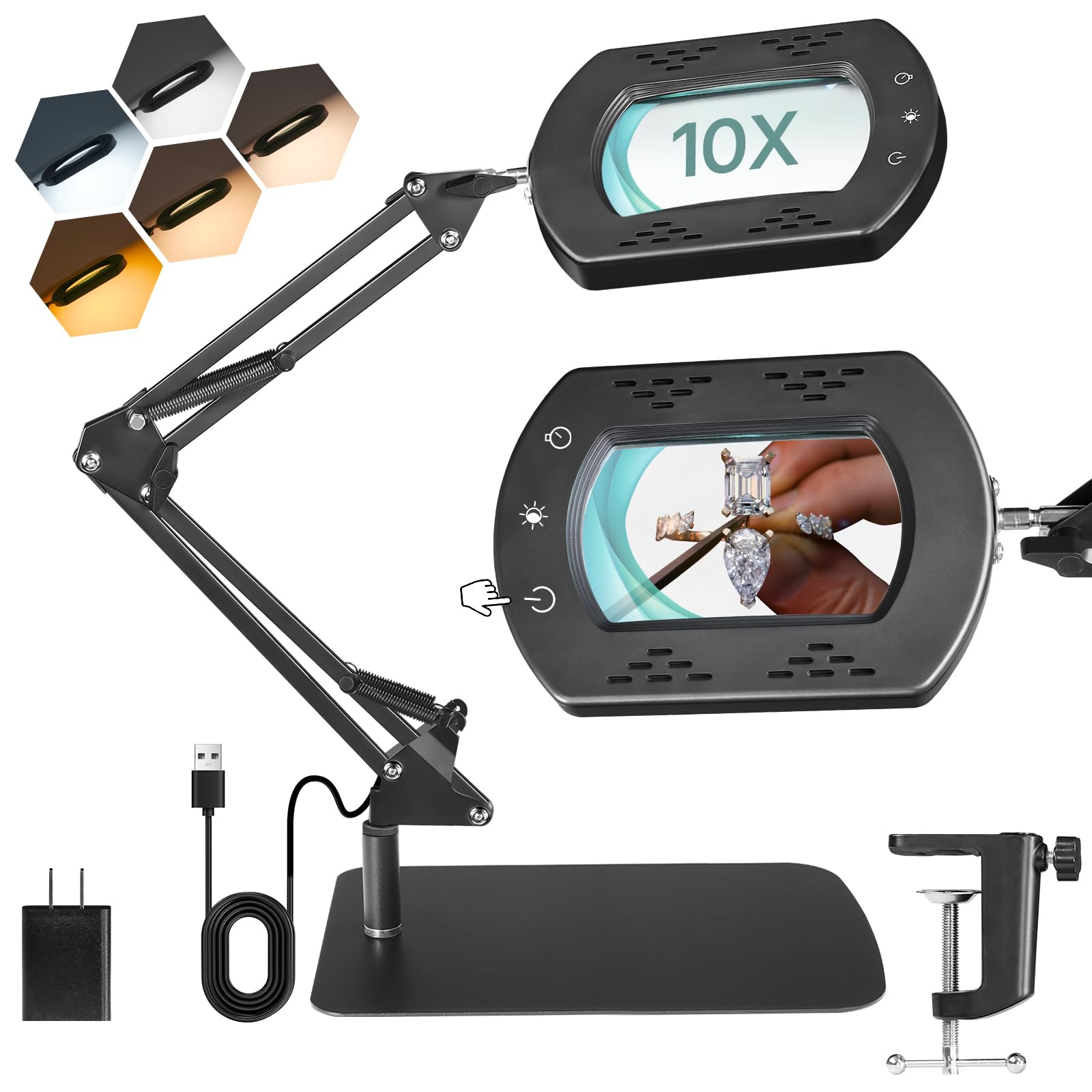 GOEBLESON 10X Square Magnifying Glass with Light and Stand, 2-in-1 LED Lighted Desk Lamp & Clamp, 5 Color Modes Stepless Dimmabl