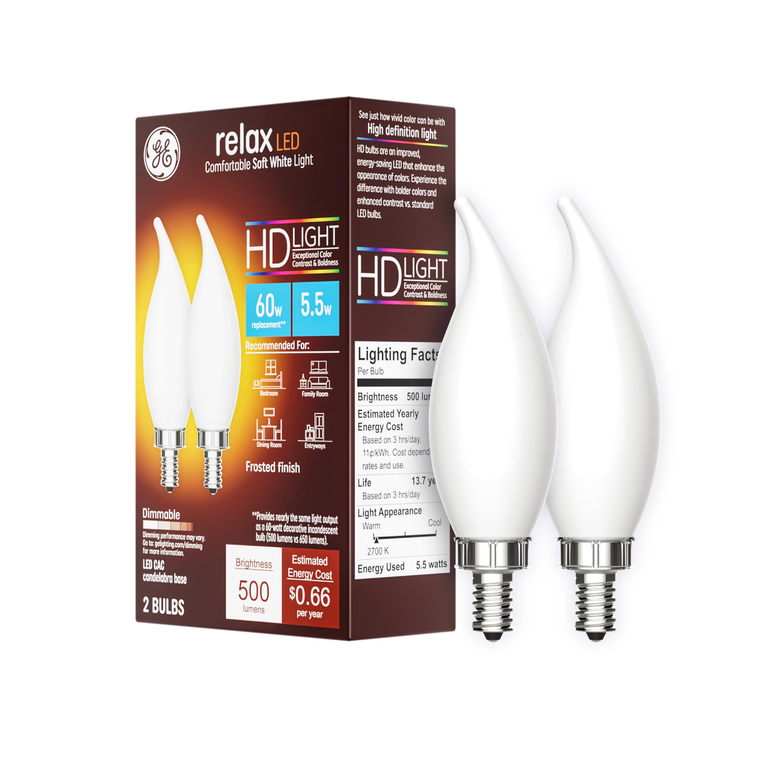 GE Relax LED Light Bulbs, Candle Lights, 60 Watts, Soft White Frosted Decorative CA11 Bulbs, Small Base (2 Pack)