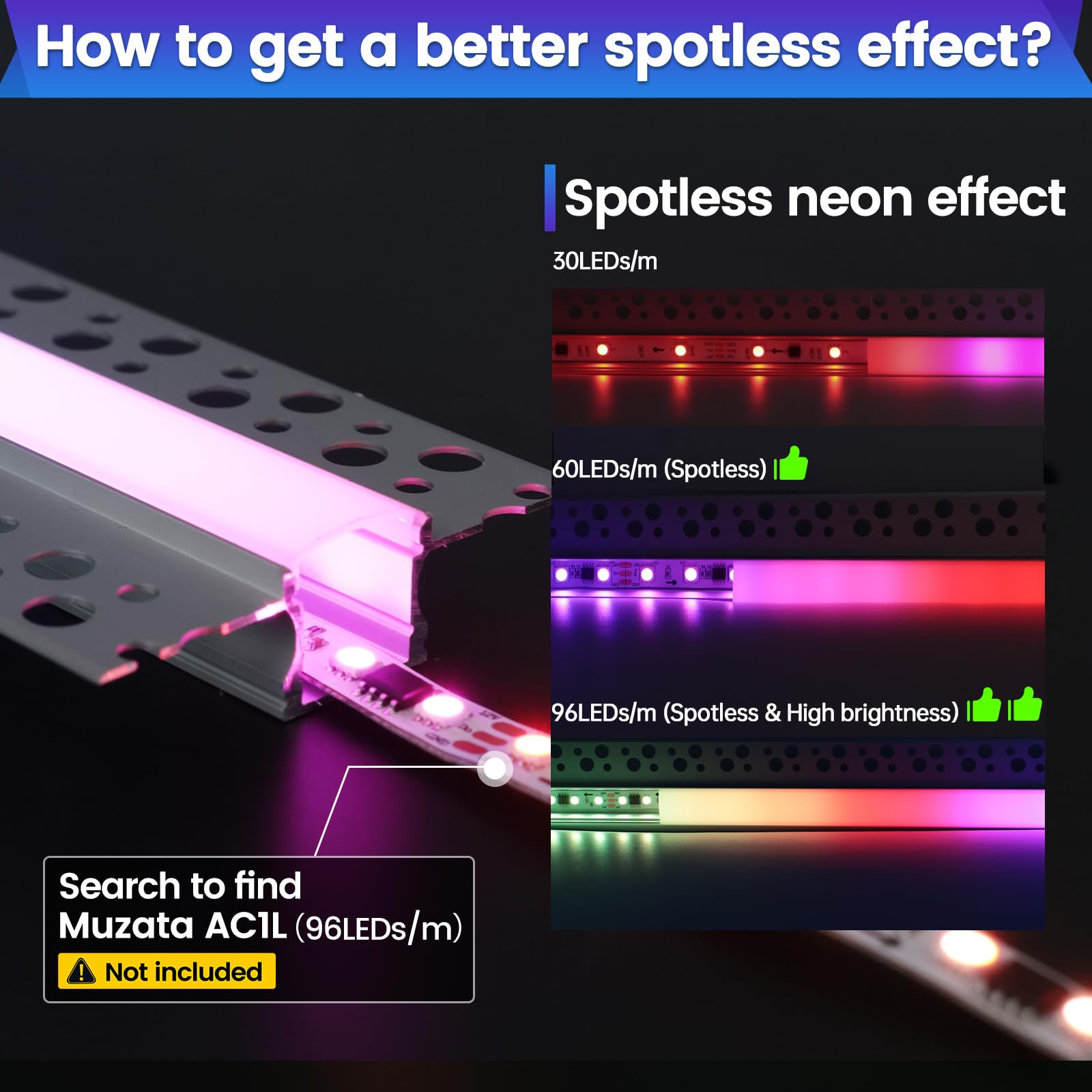 Muzata 10Pack 6.6Ft/2M Plaster In Led Channel Trimless Recessed Led Strip Diffuser Channel Spotless Deeper Wider For Drywall Cei