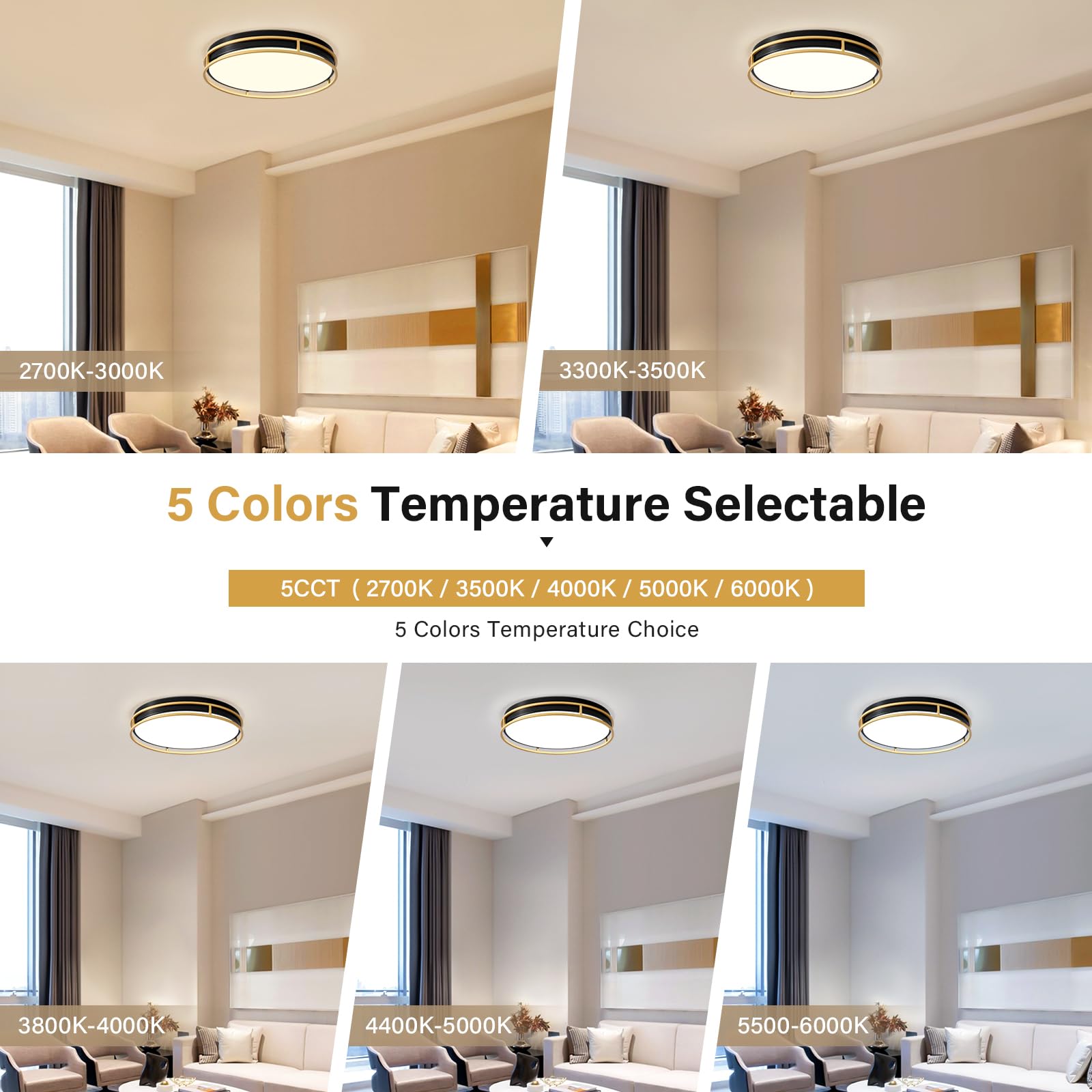 Pevfah Modern Flush Mount Ceiling Light, 5Cct 2700 K-6000 K Dimmable Black And Gold Ceiling Lighting Fixture, Minimalist Round L