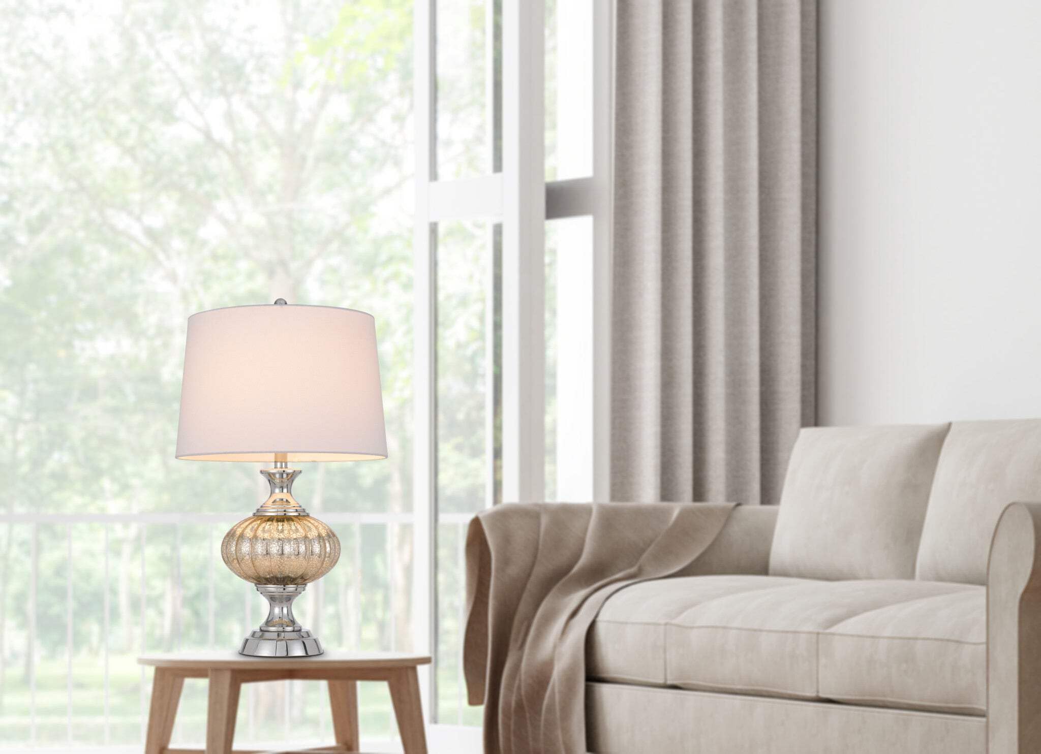 HomeRoots 27 in. Silver Metallic Metal Table Lamp with White Empire Shade, Model 524730