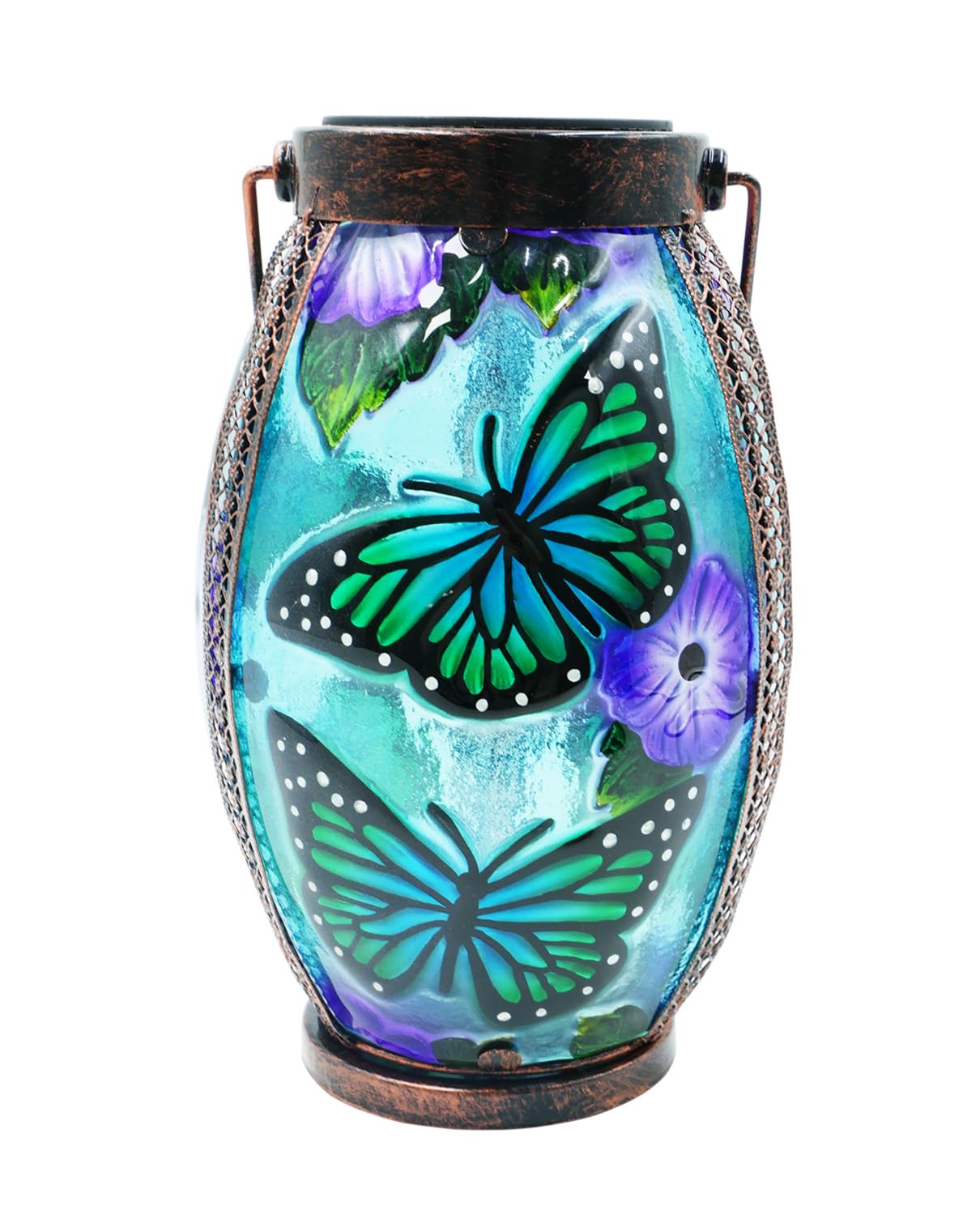 TEYIGARDEN Butterfly Solar Lanterns Glass & Metal Hanging Solar Lantern Outdoor Waterproof 13.8 H Tabletop Light for Garden Pati