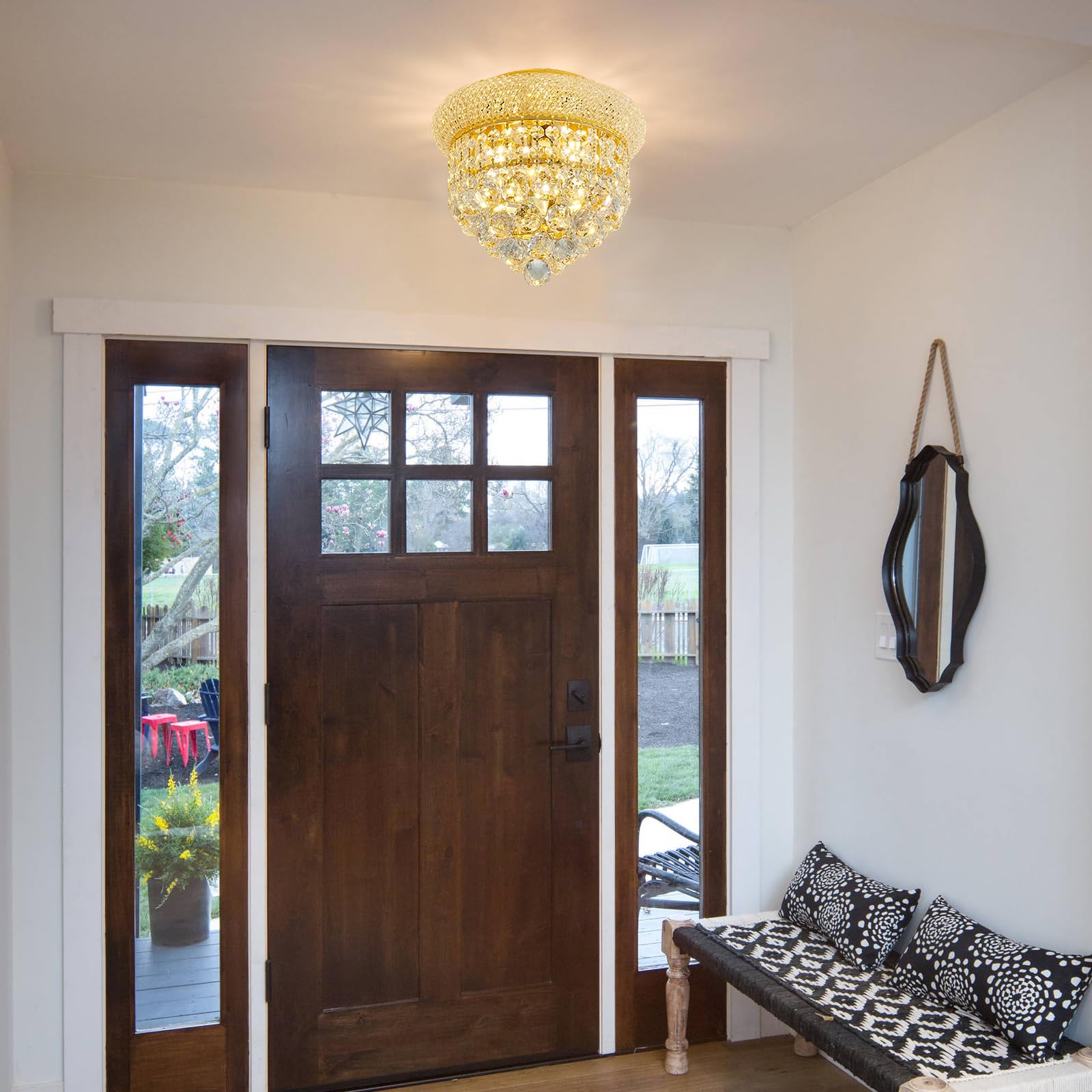 Homeooze 3 - Light Flush Mount Crystal Chandelier For Bathroom Hallway Entryway Closet Bedroom Laundry Gold Finish