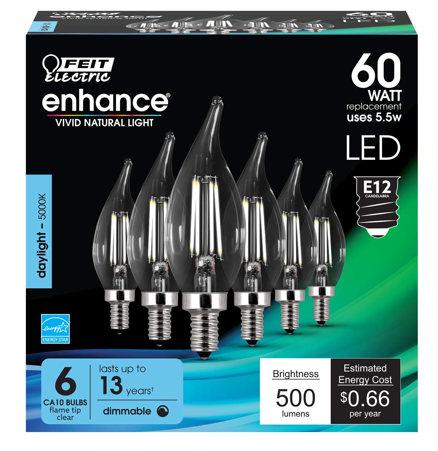 Feit Electric 60-Watt Equivalent Ca10 Led Light Bulb, Dimmable Enhance Glass Candelabra Filament, 500 Lumens, 13 Yrs. Lifetime,