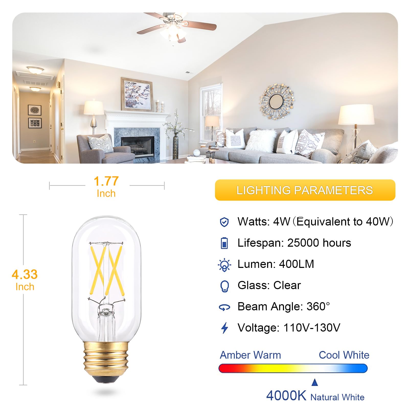 EQ Lighting T45 Dimmable Edison Bulbs, 4W LED Chandelier Light, 4000K Natural White, 3-Pack, Glass, E26 Brass Base