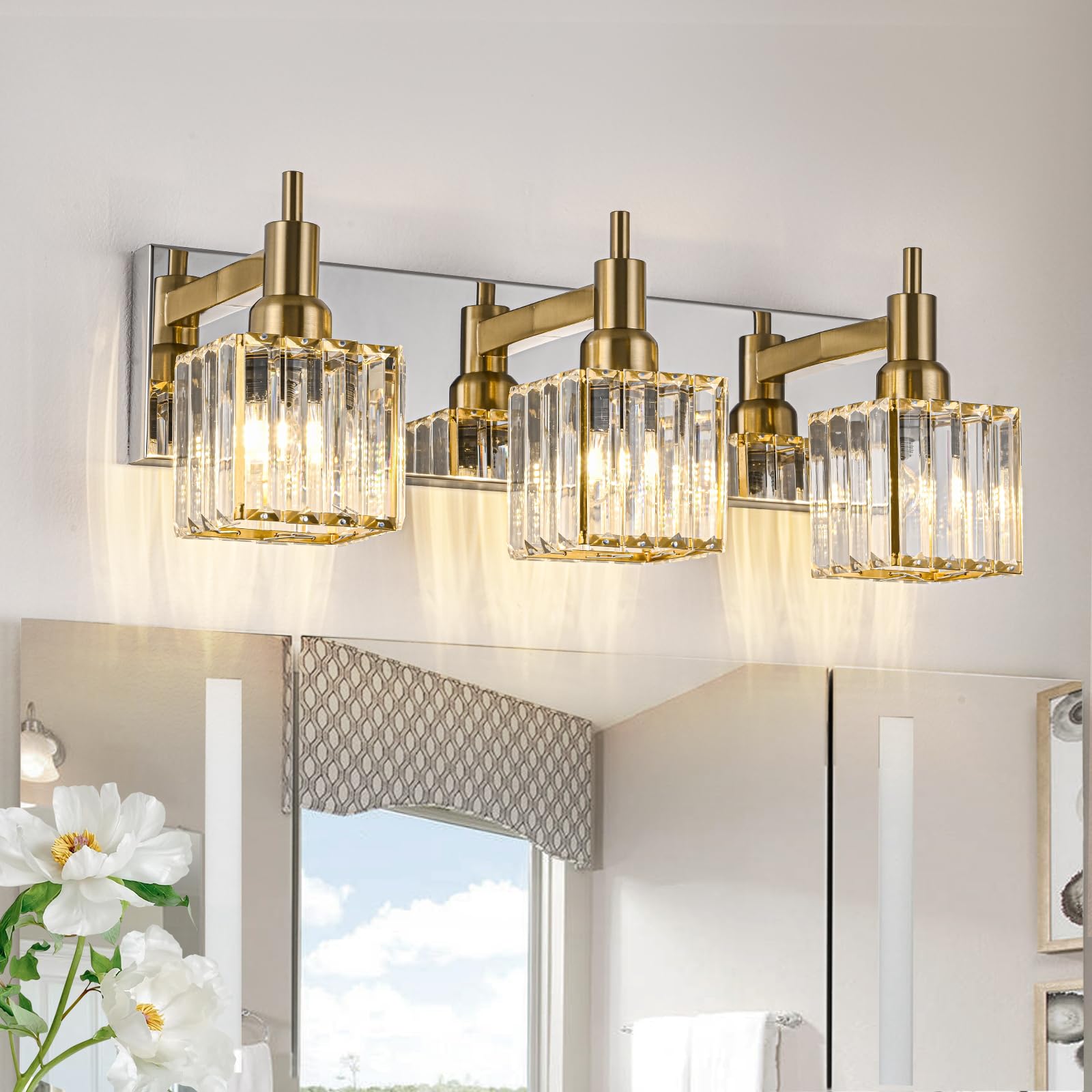HUOKU Crystal Bathroom Vanity Light 3-Light Metal Wall Sconce Gold Chrome Model HUOKU-CB3L-GC