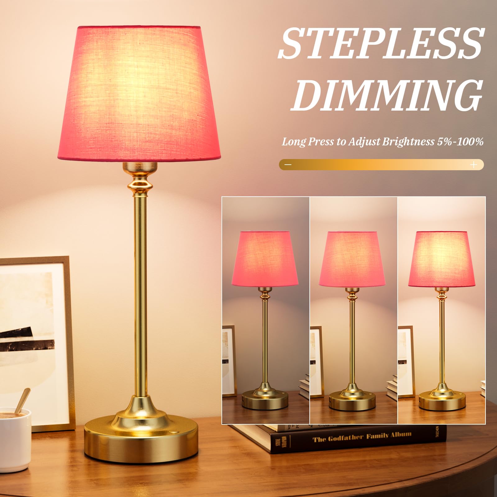 Kakanuo Cordless Table Lamps Set - 2 Pack, 15.8in, Touch Control, 3000K Dimming, Rose-Gold, Battery Operated for Bedroom & Living