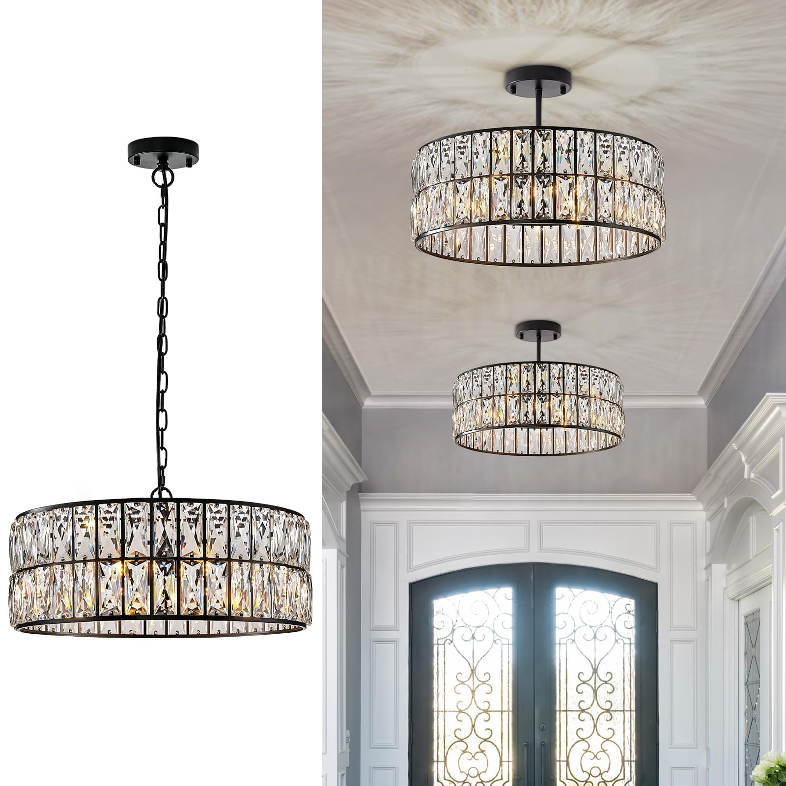 Catiner Black Crystal Chandelier 6-Lights Crystal Pendant Light Large 18 Inches Drum Semi Flush Mount Ceiling Lights For Dining Room Living Room Kitchen Closet