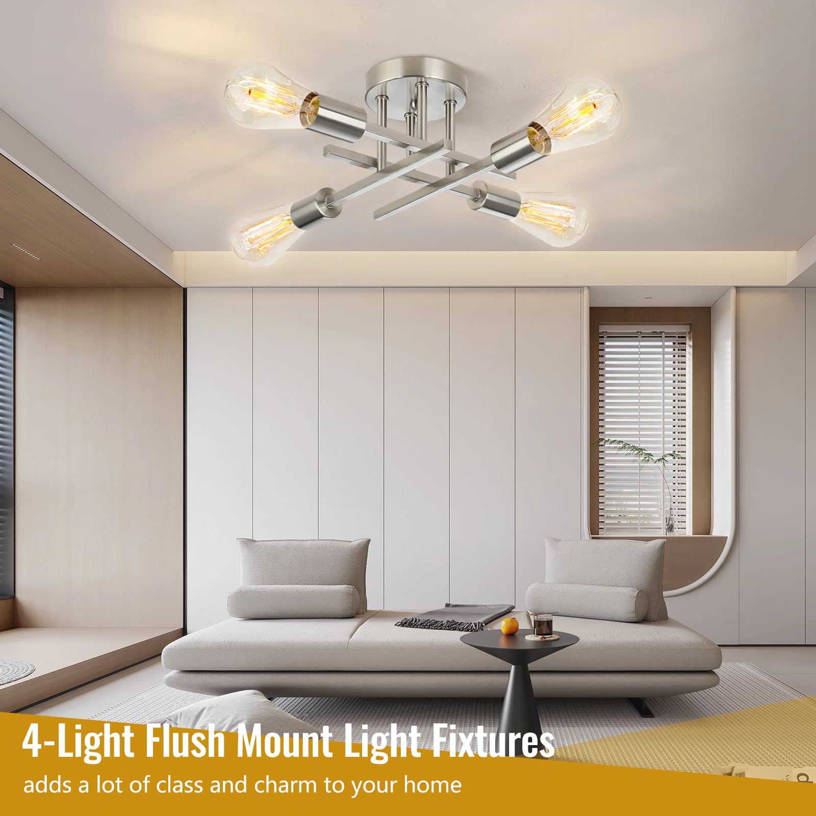 Ceiling Light  Dining Room Light Fixture With E26 Base  Semi Flush Mount Ceiling Light Fixture  Kitchen Lighting Fixtures Ceiling  4-Light Matte Nickle Chandelier For Bedroom