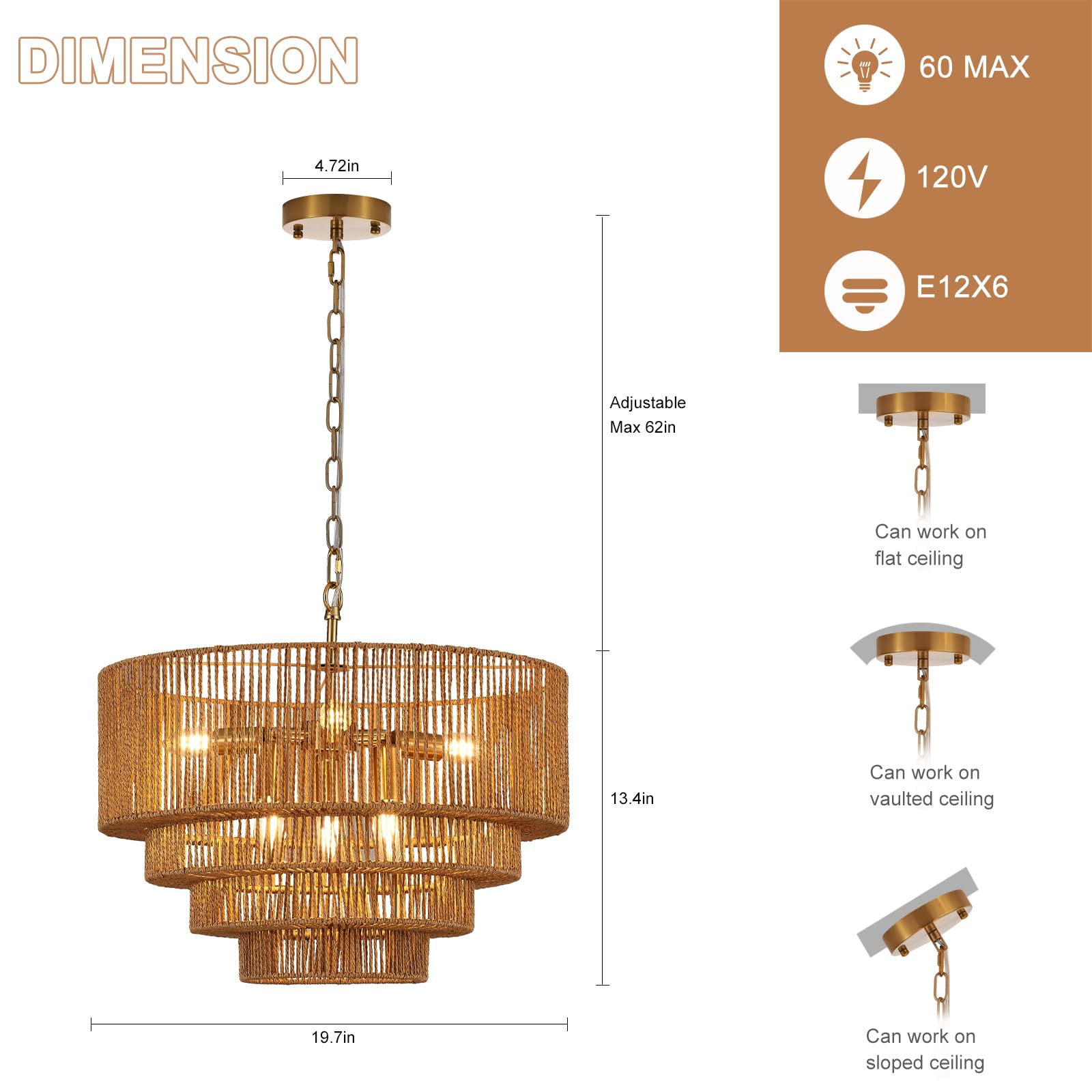 YOMECOO 19.7" Hand-Woven Rattan Chandelier, Vintage Gold 6-Light Fixture, Boho Bamboo Design, Model MD208-Golden