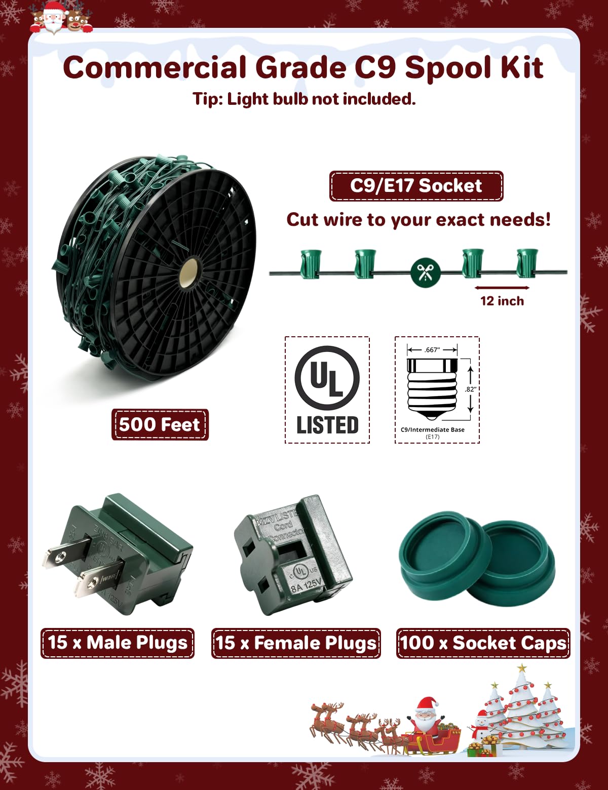 VAPOURSKY C9 Light Spool Set, 500ft Christmas Stringer, 12in Spacing, Green, Model VA005-500FT12IN-GRE, with 30