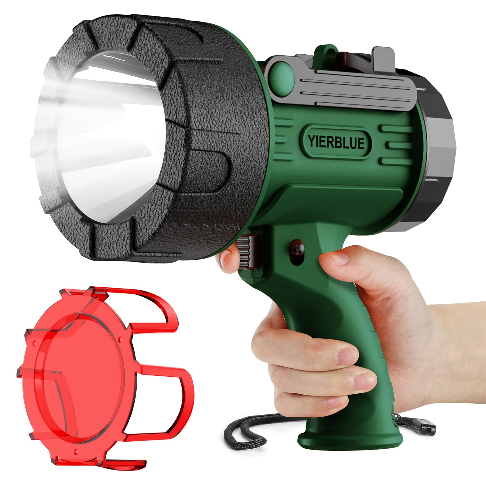 YIERBLUE Rechargeable Spotlight Flashlight 100000 High Lumen LED 20Hrs Runtime 10000mAh Power Bank IP67 Waterproof Green-L Model F-010