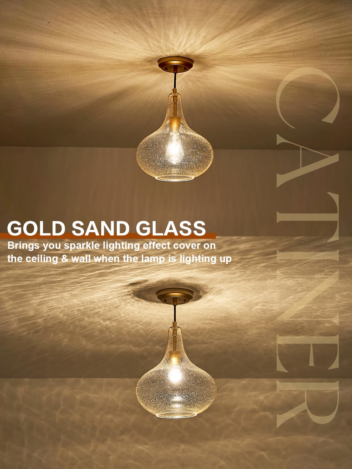 Catiner Handcrafted 11-Inch Mid-Century Modern Brass Gold Pendant Light With Seeded Glass Shade - Elegant Dining Room Pendant Li