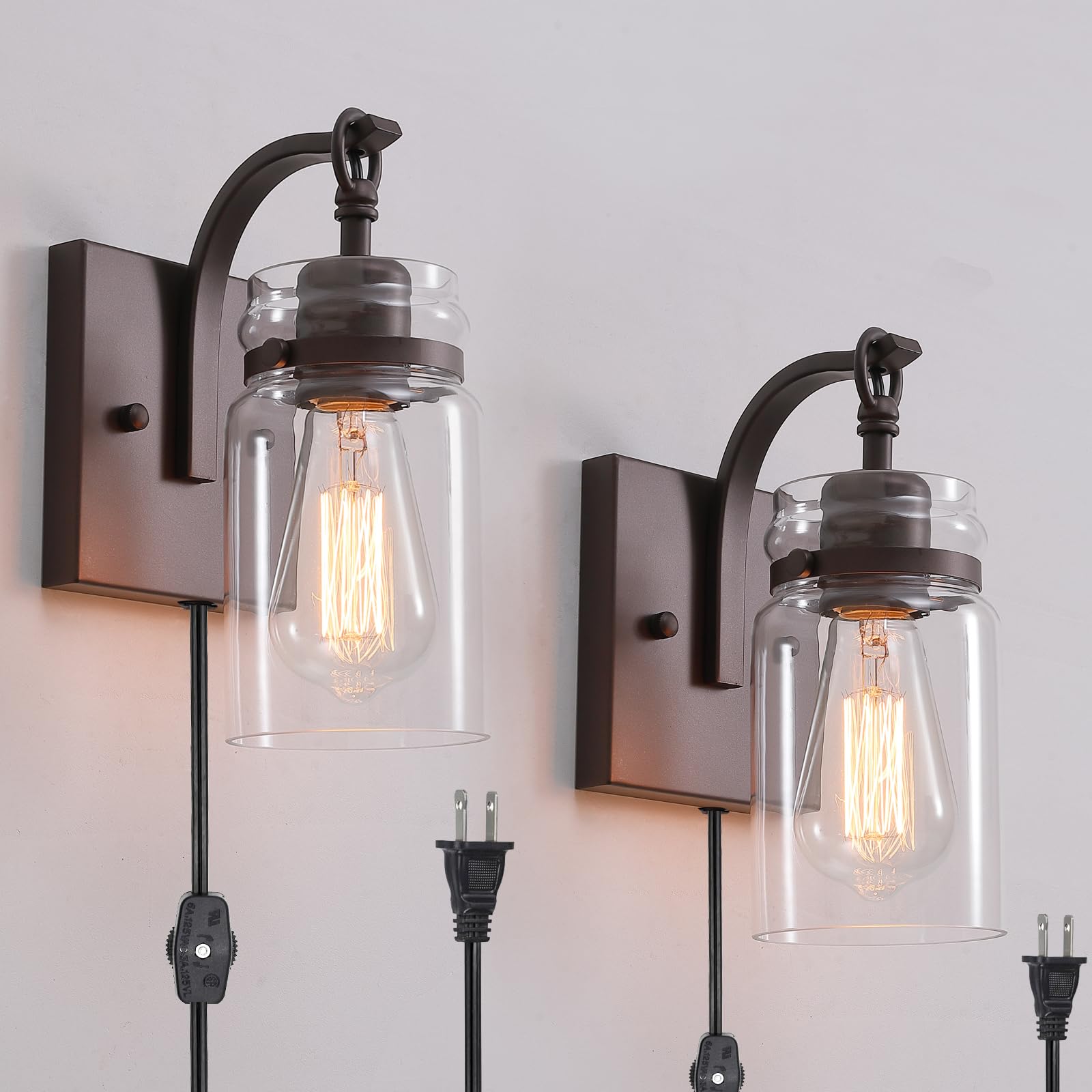 Winsmart Plug In Wall Sconces Set Of 2  Oil Rubbed Bronze Sconces Wall Lighting Fixtures With Clear Glass Indoor Farmhouse Wall Lamp For Bedroom Living Room
