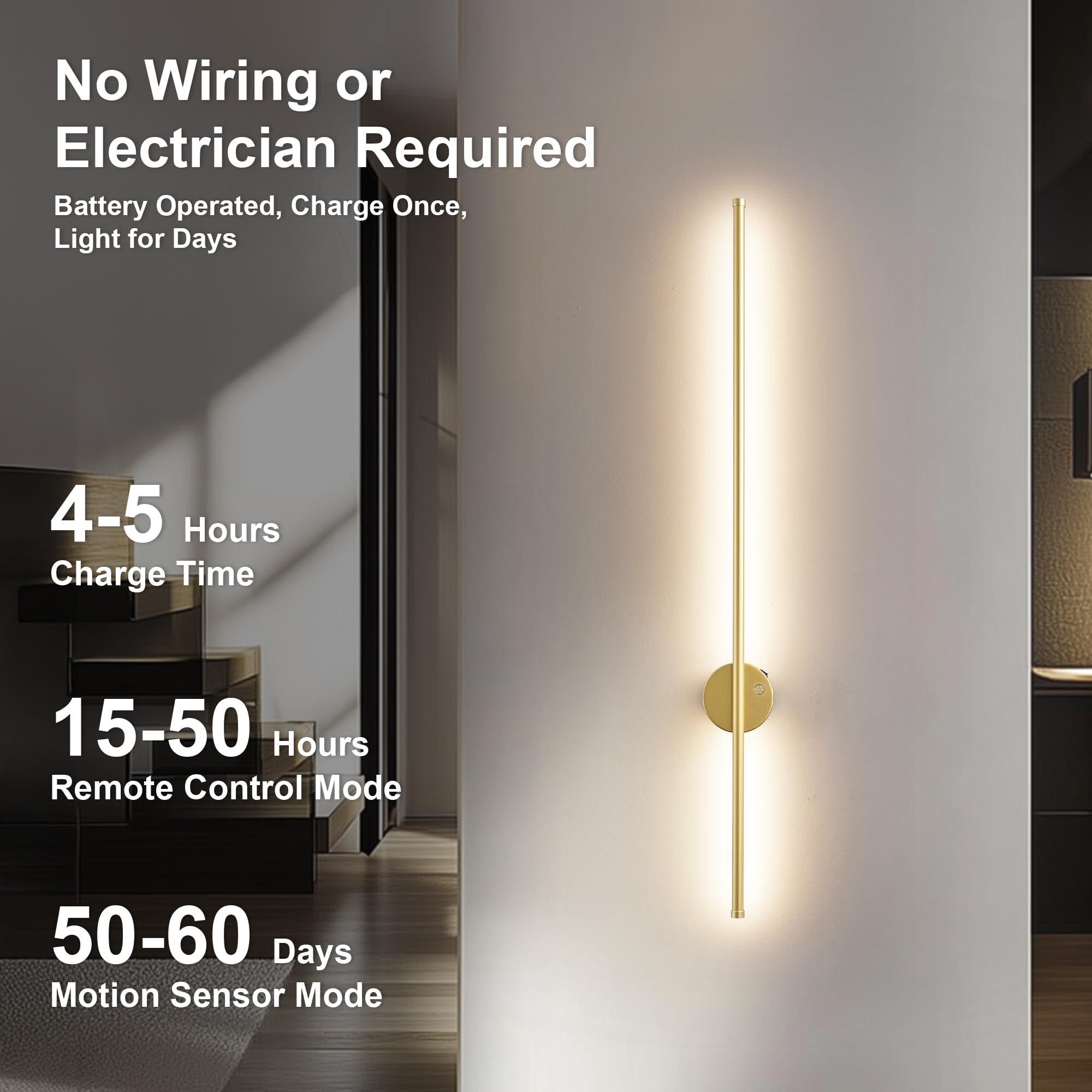 KARTOOSH Modern Motion Sensor Wall Sconce Set of Two, 39.3" Gold, Dimmable, Wireless, Rechargeable with Remote Control