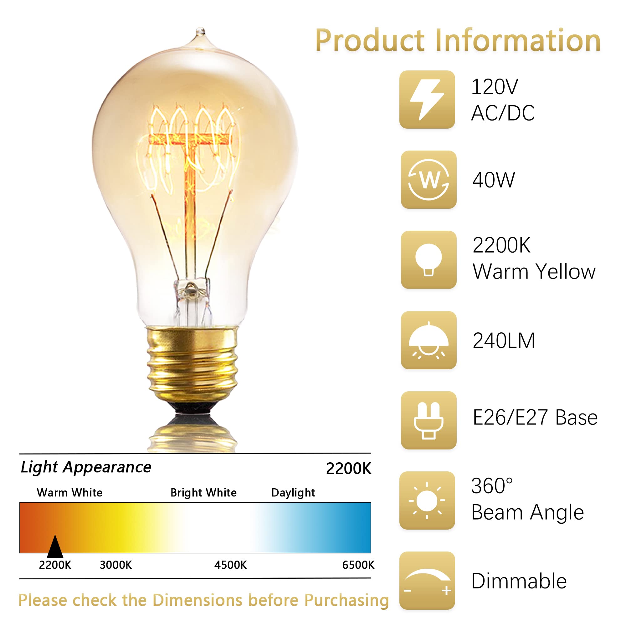 Figame A19 Edison Bulb 40W 6-Pack - Dimmable 120V Amber Glass, Antique Retro Style Old-Fashioned Incandescent Bulb, 2200K Warm Y