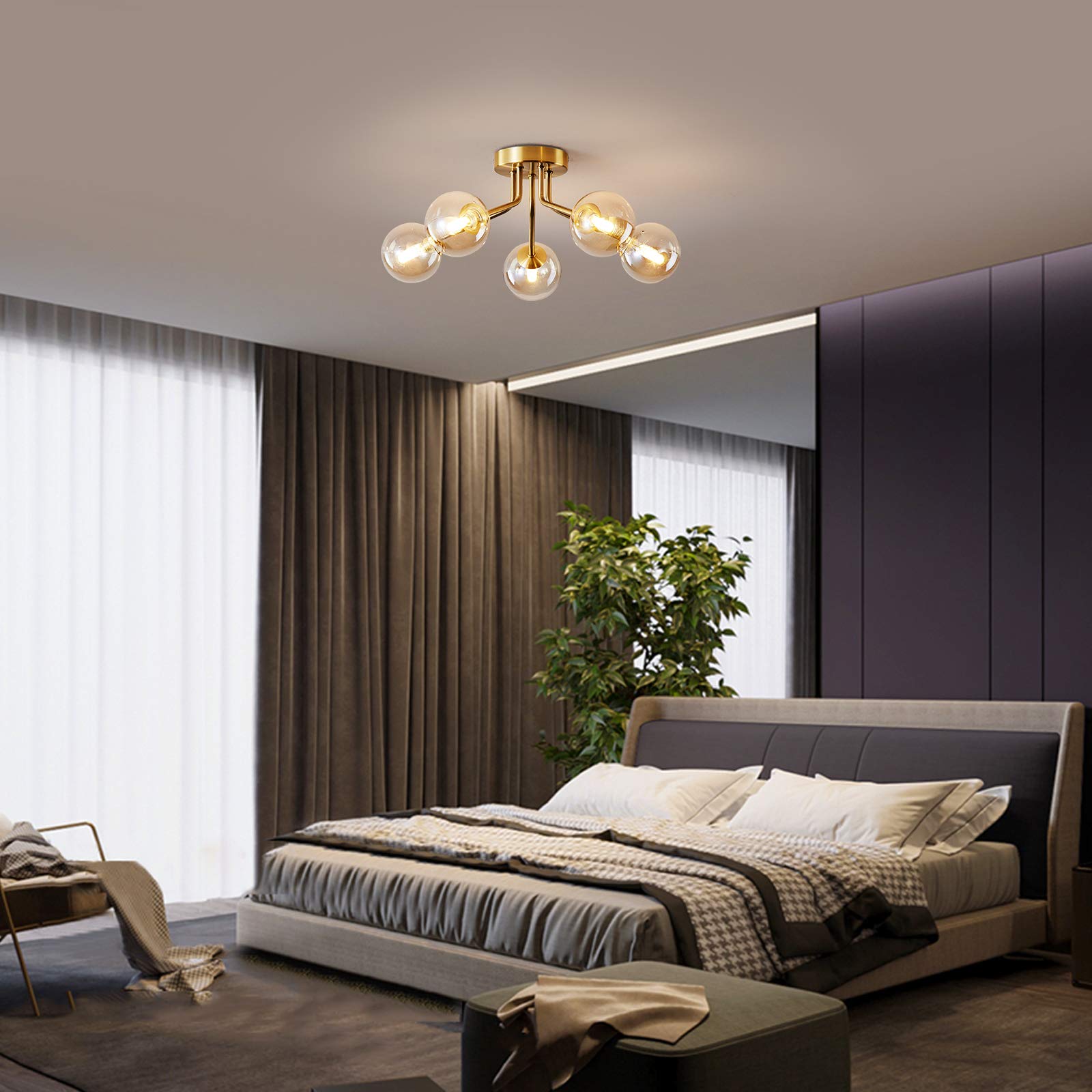 Modern Sputnik Chandeliers 5 Light Gold Semi Flush Mount Ceiling Light Fixture Pendant Lamps Bulb With Glass Globe Lighting For