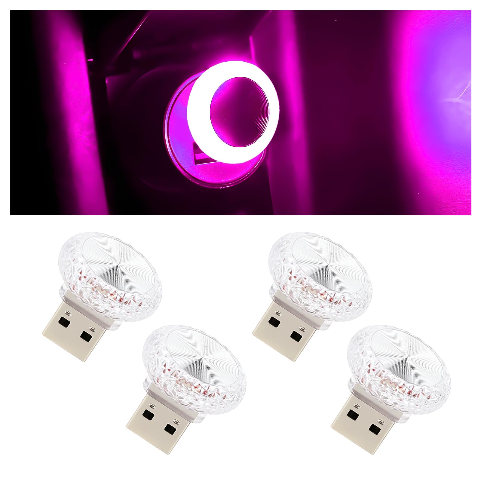 Hovom 4PCS USB LED Car Interior Atmosphere Lamp  Portable Mini Car LED Night Light Decoration  Plug-in USB Automotive Ambient Lighting Kit  Universal for Cars SUVs Trucks RVs (Pink Purple)