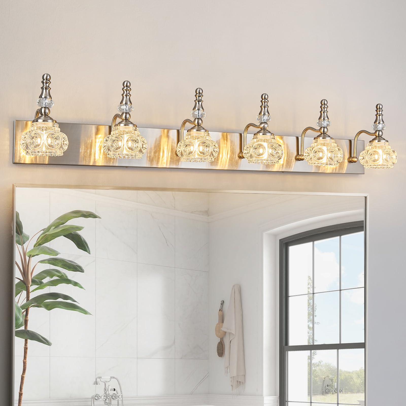 Lbsqj Modern Glass Crystal Vanity Light - Vintage Bathroom Lighting Fixtures Over Mirror  6 Light Vanity Lights G9 Bulb (43.3 Inch  Nickel)