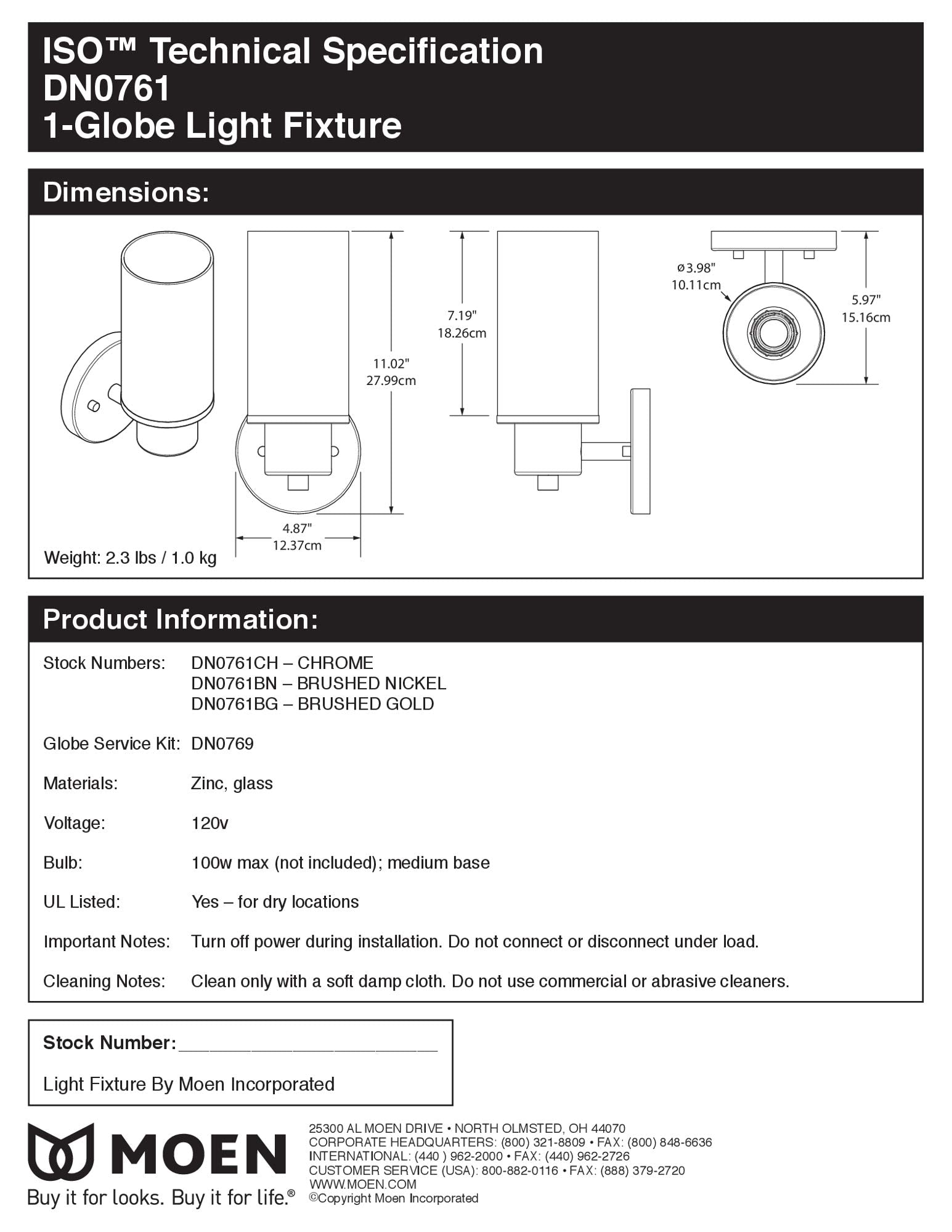 Moen Dn0761Bg Iso 1-Light Dual-Mount Bath Bathroom Vanity Fixture With Frosted Glass, Brushed Gold