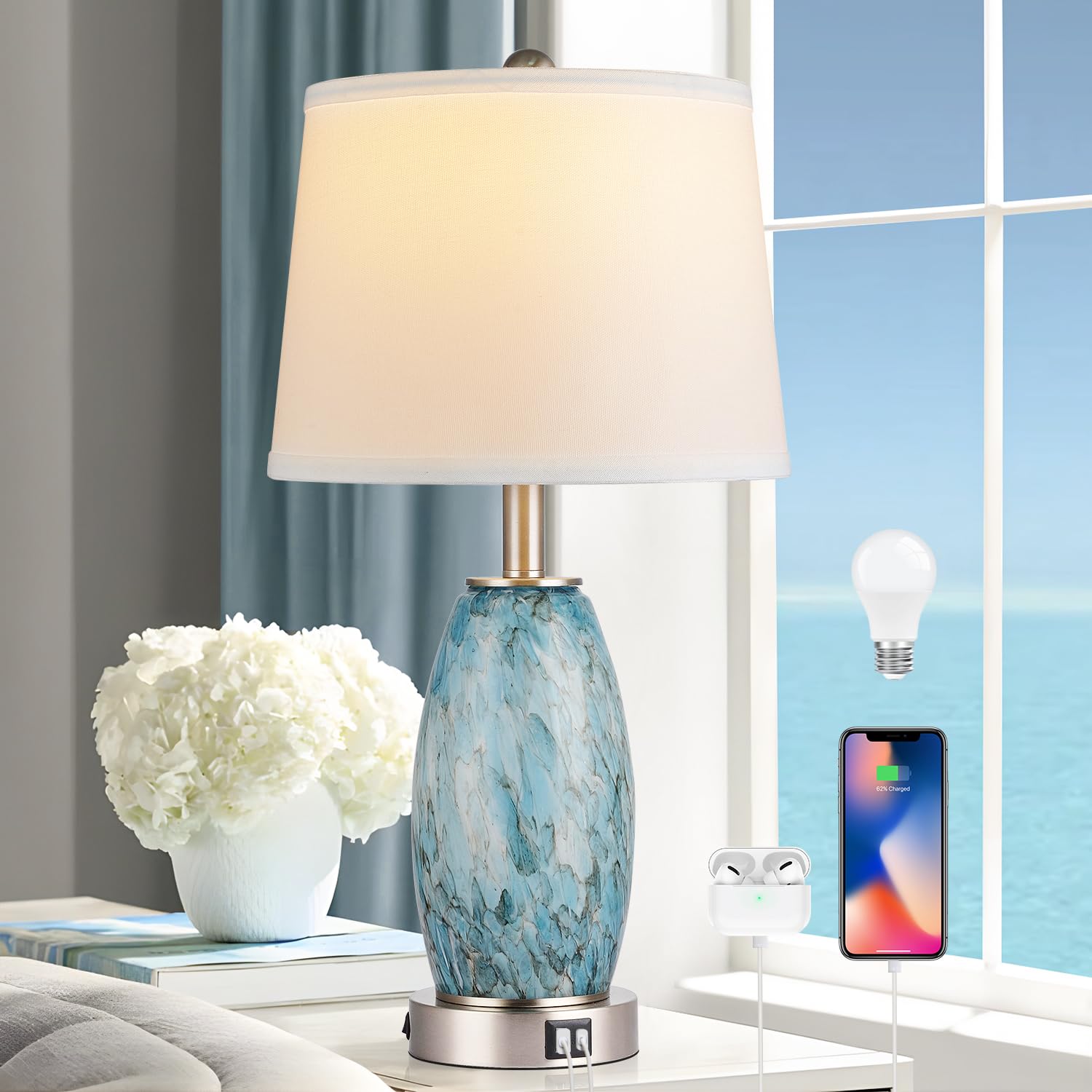 Table Lamp, 3-Way Lighting Modes Modern Table Lamp For Bedroom, Coastal Bedside Lamp With Usb Charging Port & Type C, Glass Nigh