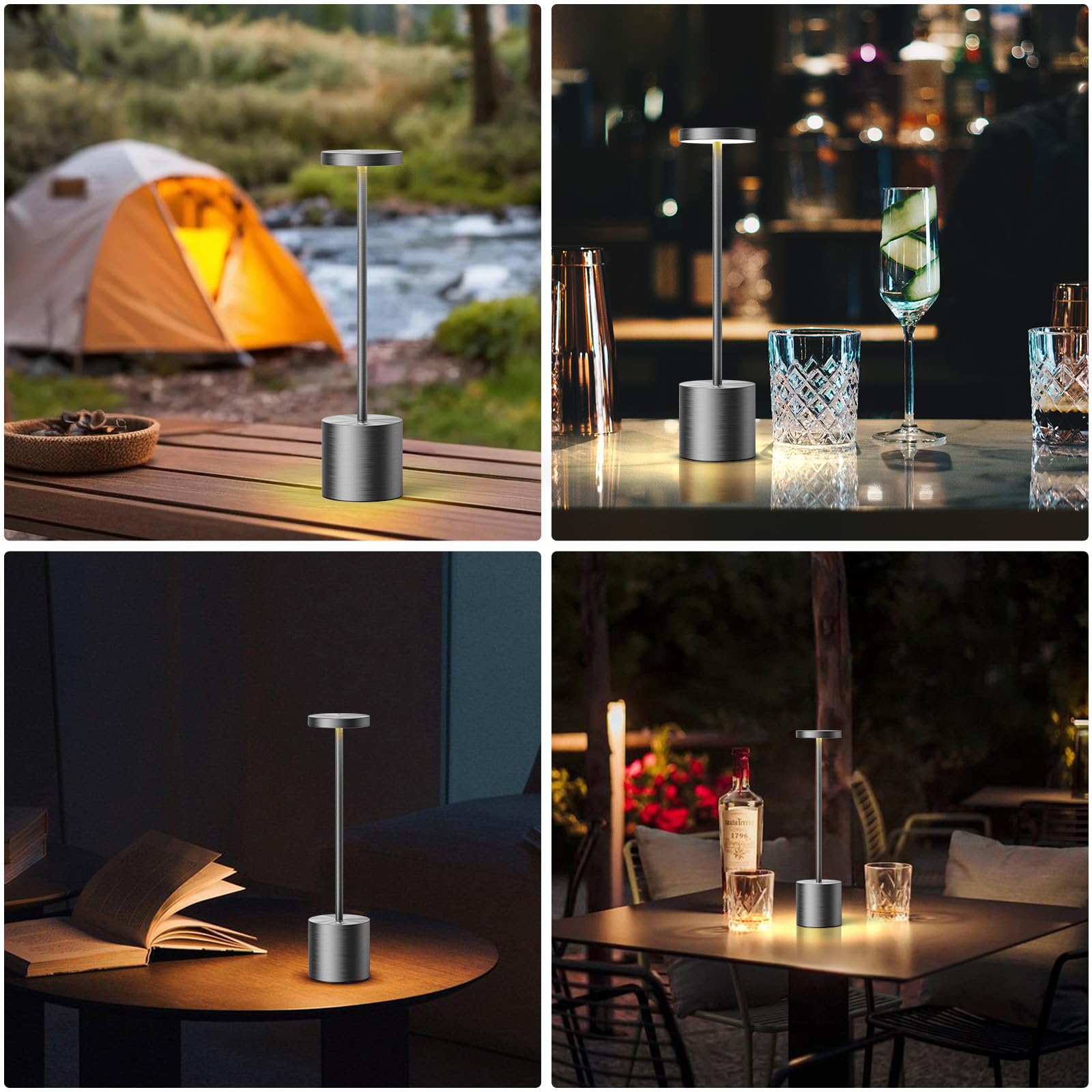 SAKRINGT Cordless Table Lamp, Rechargeable 6000mAh LED Light, Aluminum, Grey, Model S801