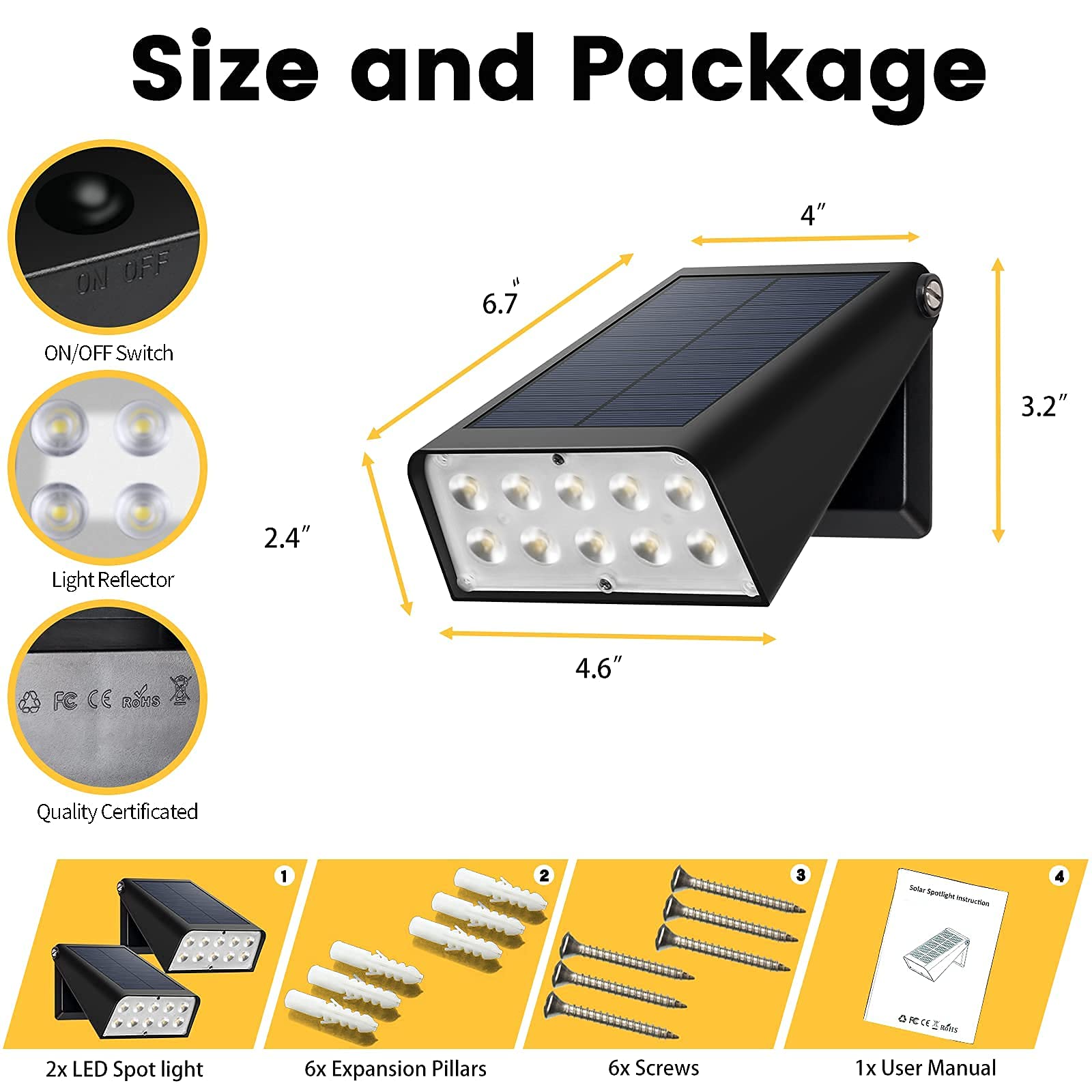 GUYULUX Solar Powered Patio Wall Light, Dusk-to-Dawn Sensor, 90° Rotatable, 2-Pack, Black, Model YUU-WL-0606