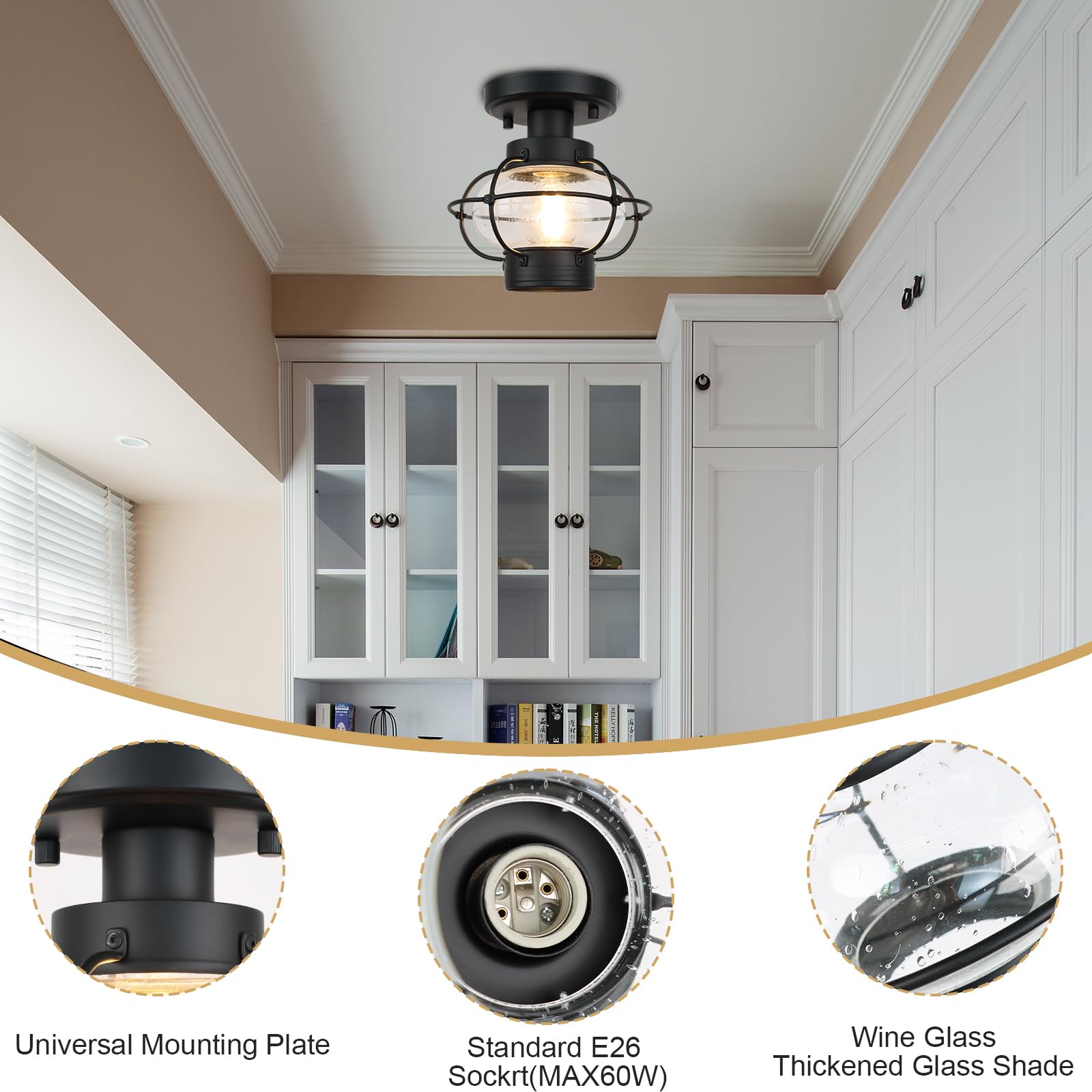 Kalium Hallway Light Fixtures, Industrial Ceiling Light Fixture With Glass Globe Shade, E26 Standard Base Farmhouse Ceiling Light For Hallway Entryway And Foyer